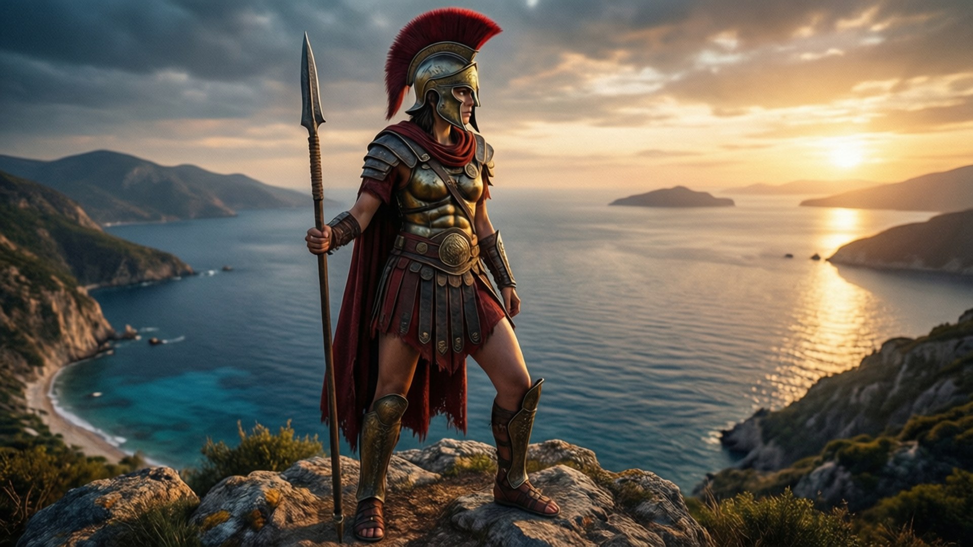 Kassandra's Sunset Vigil 壁紙 — 一名身穿金色盔甲、頭戴紅色羽飾頭盔的斯巴達戰士站在岩石懸崖上，俯瞰著陽光明媚的海灣和遠處的島嶼。