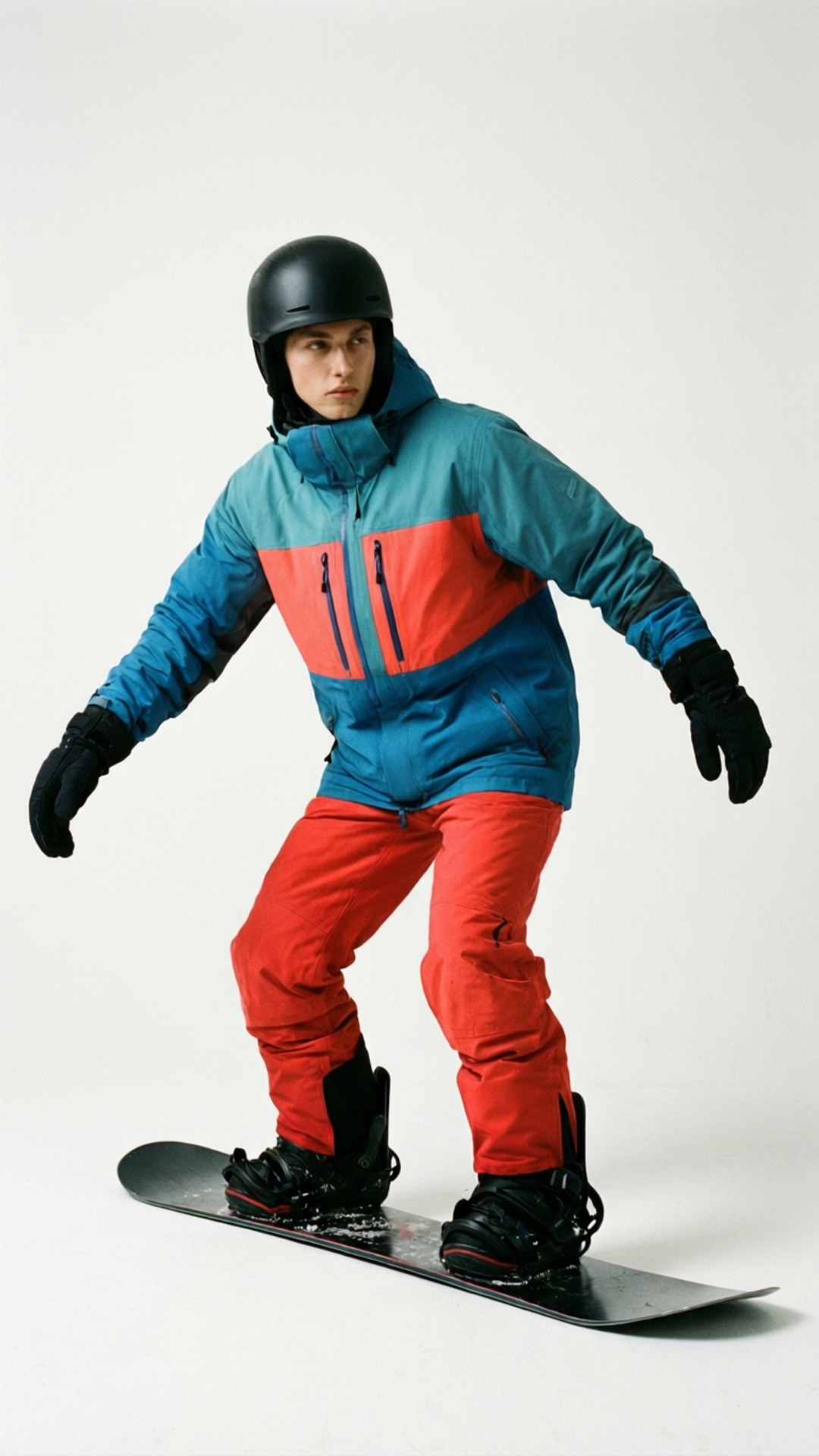 Snowboard Fashion 壁紙 — 一名身穿藍紅夾克和紅色褲子的滑雪板運動員站在滑雪板上，背景為純白色。