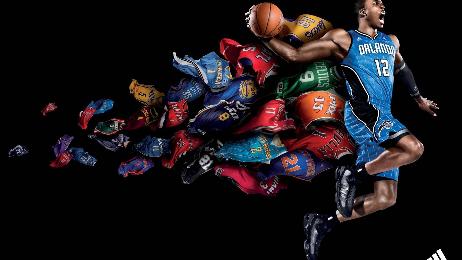身穿藍色球衣的運動員運球，身後有破爛球衣飛舞。 — NBA 壁紙