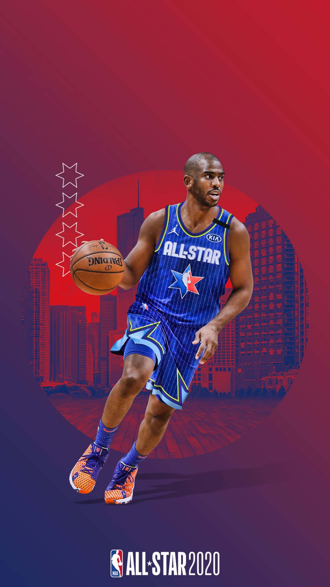 NBA 全明星 2020 籃球運動員身穿藍色球衣在紅色城市天際線前運球。 — NBA 壁紙