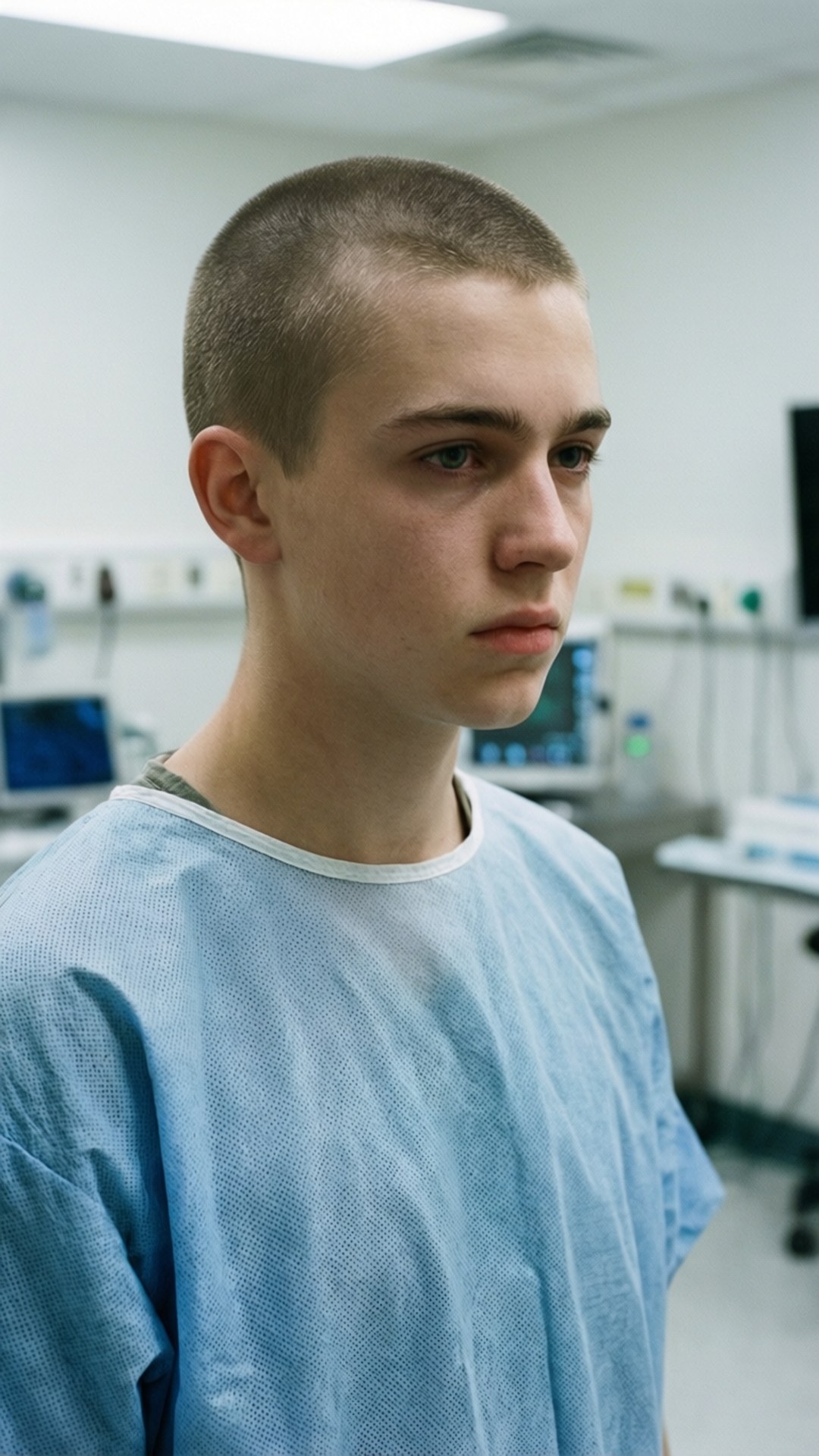 11 桌布 壁紙 — 一名身穿藍色手術袍的年輕男子站在無菌的醫院房間內，背景有醫療設備。