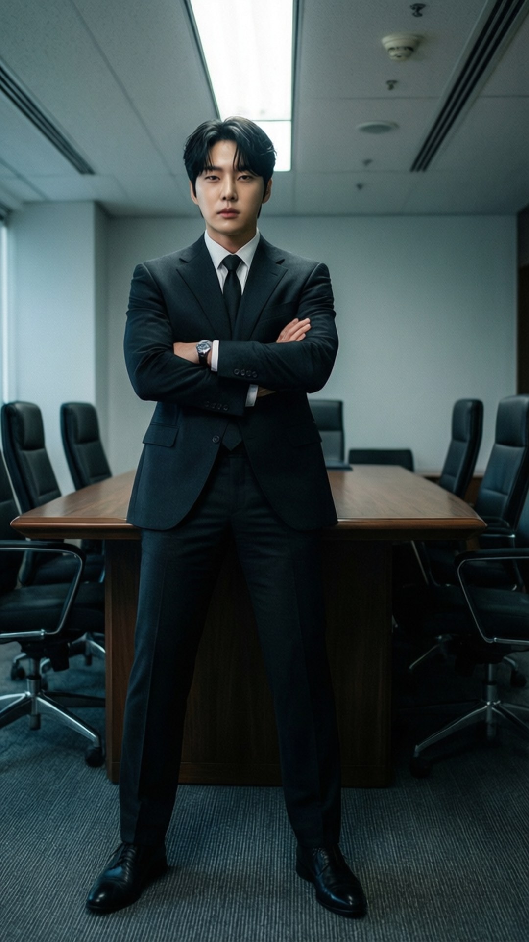 Sun Corporate Power 壁紙 — 一名身穿俐落黑色西裝的男子自信地交叉雙臂，站在一個配有木桌和黑色椅子的現代會議室中。