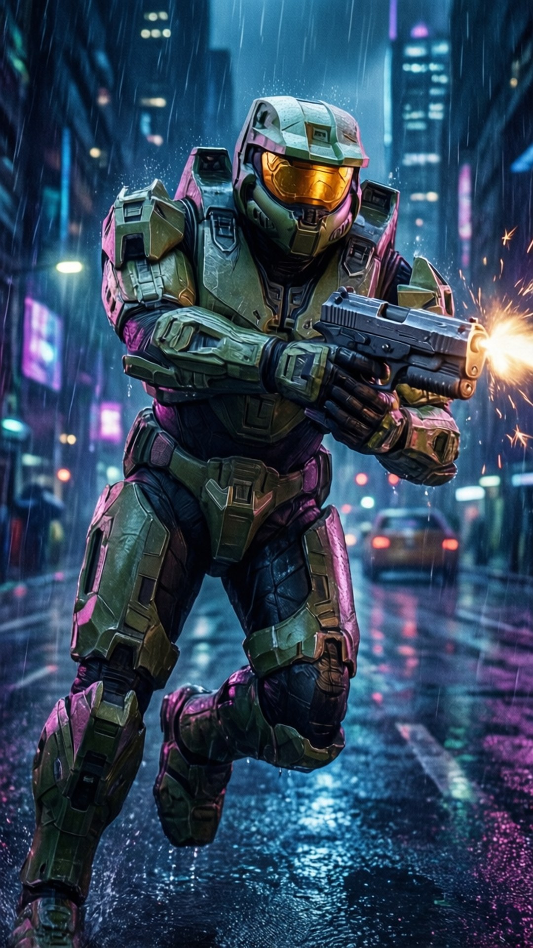 Neon City Assault 壁紙 — 一名身穿綠色盔甲的士兵在夜晚的雨中霓虹街道上發射發光手槍。