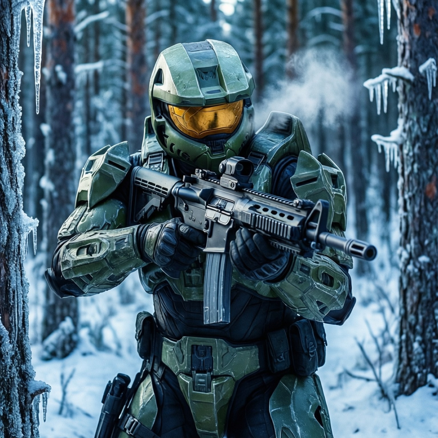Frozen Patrol 壁紙 — 一名身穿綠色裝甲服、戴金色面罩的士兵在雪地森林中持步槍，樹上掛著冰柱。