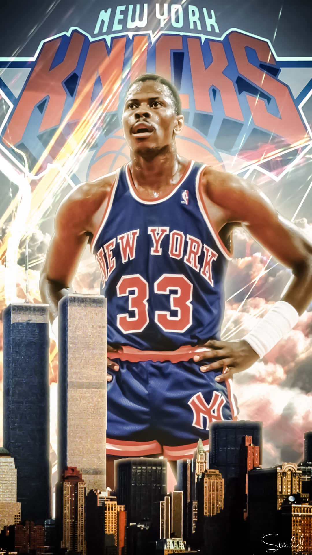 身穿紐約尼克隊服的籃球運動員站在有雙子塔的城市天際線前。 — NBA 壁紙