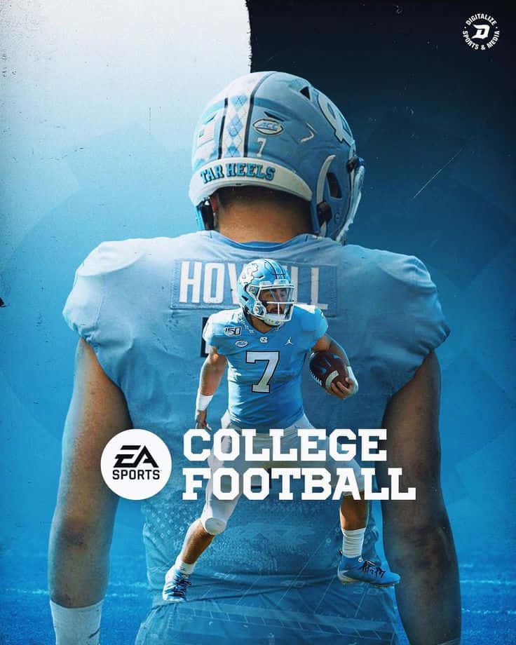  壁紙 — 一名身穿淺藍色 Tar Heels 制服的大學美式足球員帶著球奔跑，疊加在自己更大的剪影上。