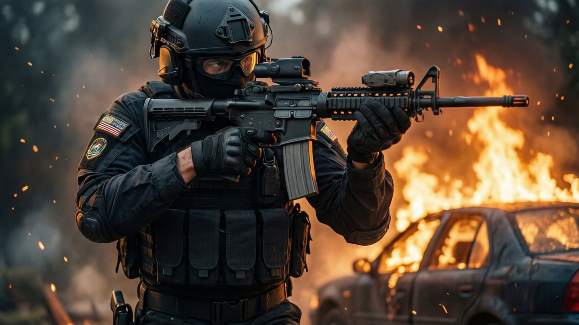 SWAT Standoff 壁紙 — 一名身穿全套戰術裝備的士兵瞄準突擊步槍，身後火焰吞噬汽車，煙霧瀰漫的戰場。
