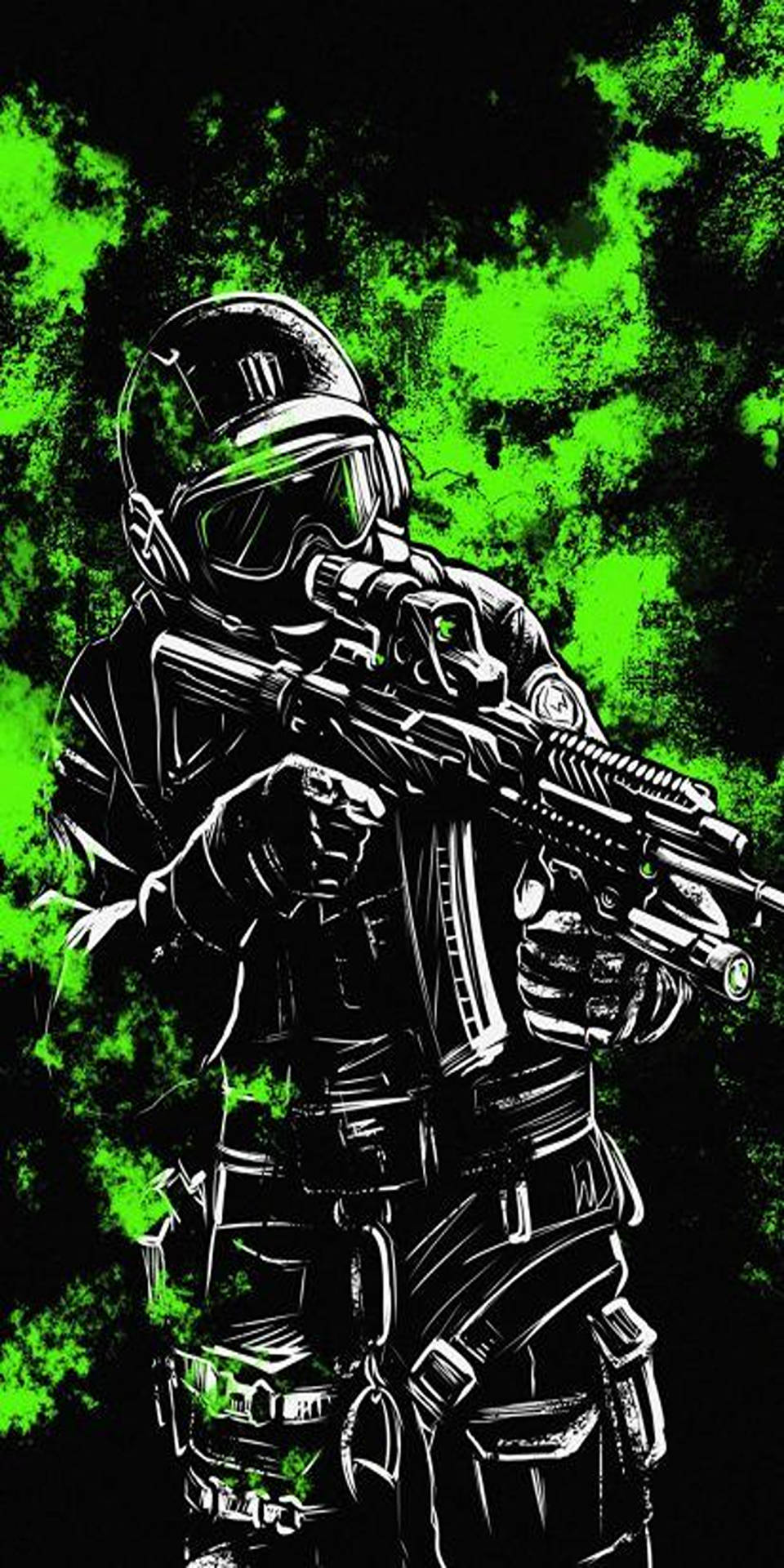 戰術士兵在綠色潑濺背景下瞄準步槍。 — 使命召喚 壁紙