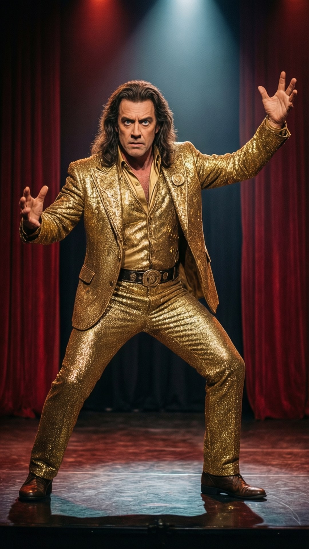 Titus Stage Spotlight 壁紙 — 一名身穿閃亮金色亮片西裝的男子在舞台燈光下擺出戲劇性的姿勢，身後是紅色窗簾。