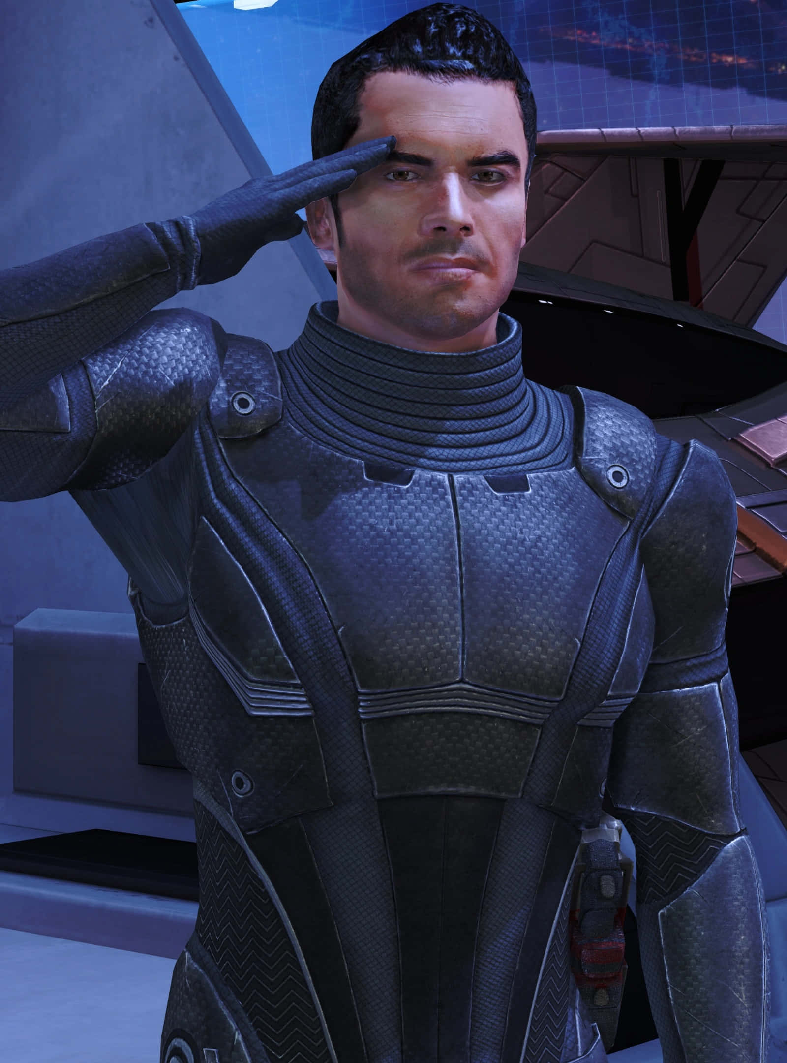 Kaidan Alenko 桌布 壁紙 — 一名身穿深色未來裝甲的士兵在科技感十足的室內嚴肅敬禮。