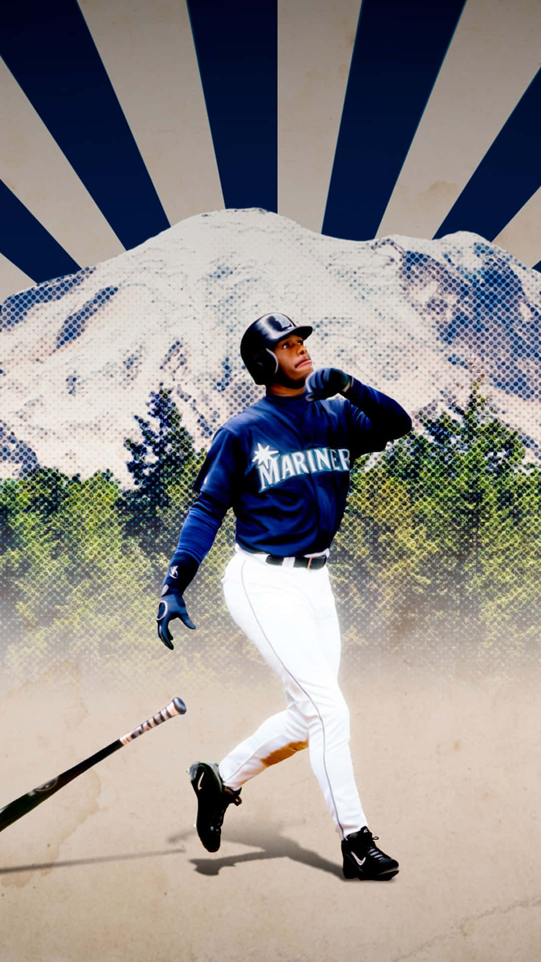 身穿水手隊球衣的棒球選手持球棒在山脈背景下奔跑。 — MLB 壁紙