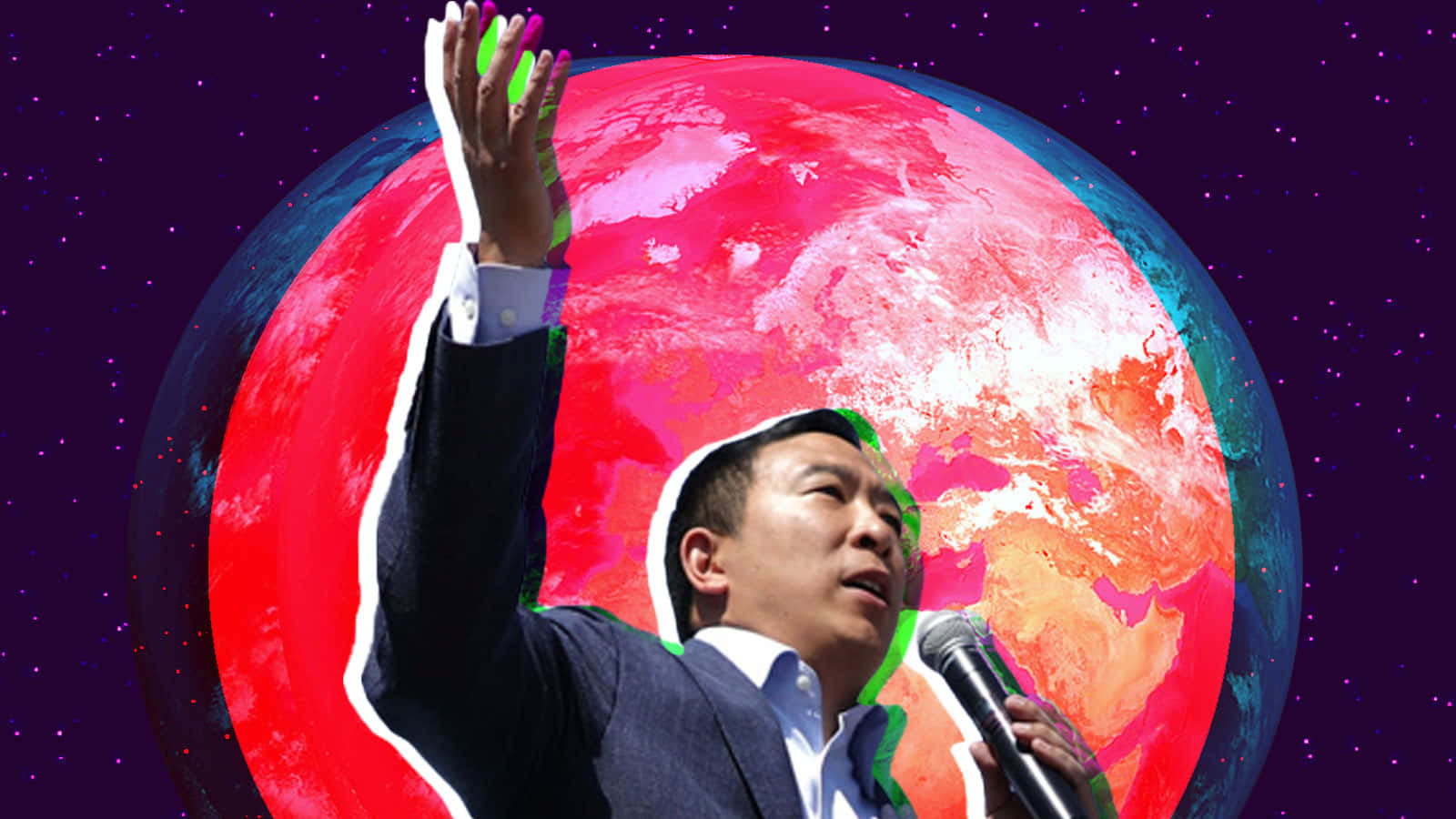 政治 桌布 壁紙 — 一名身穿西裝的男子對著麥克風說話，背景是風格化的紅色星球和星星。