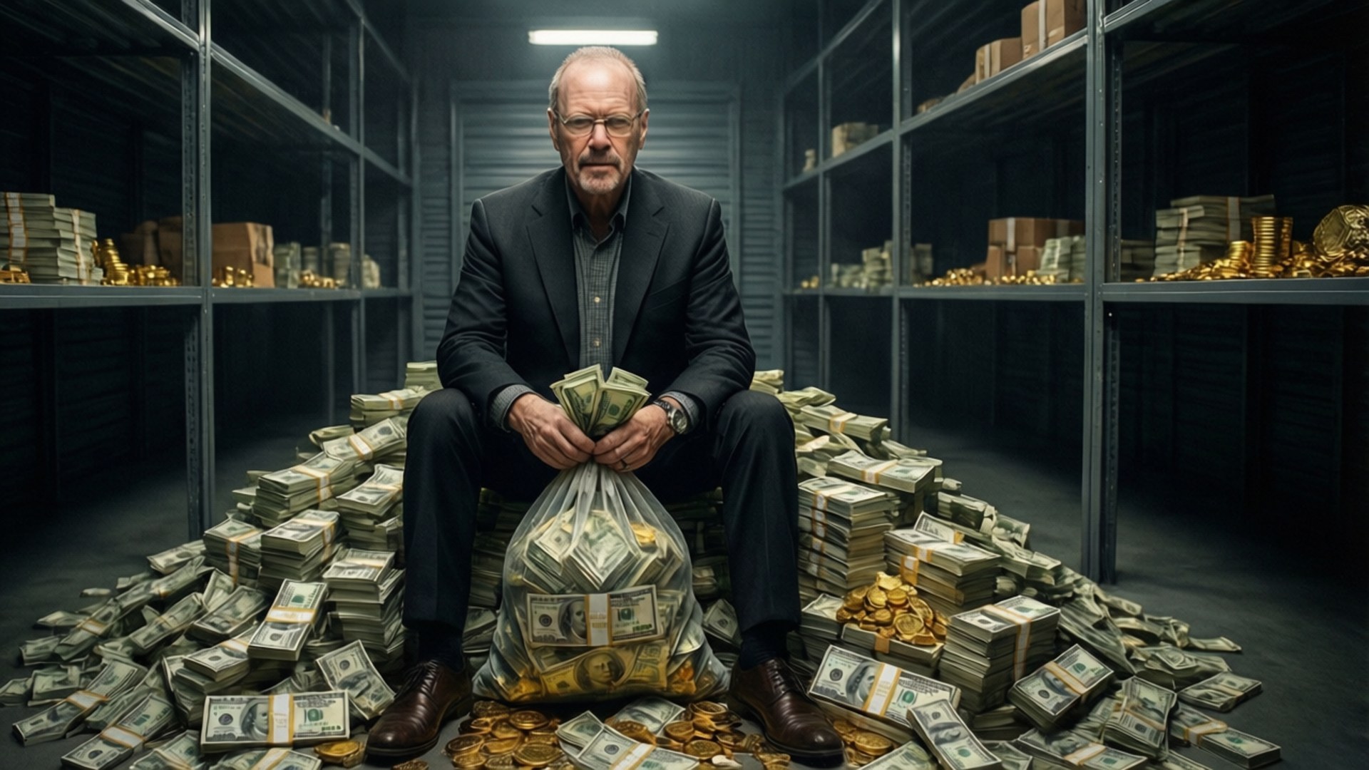 Pile of Money 壁紙 — 一名身穿西裝的男子坐在一個光線昏暗的儲藏室裡，周圍堆滿了現金和金幣，架子上也放滿了錢。
