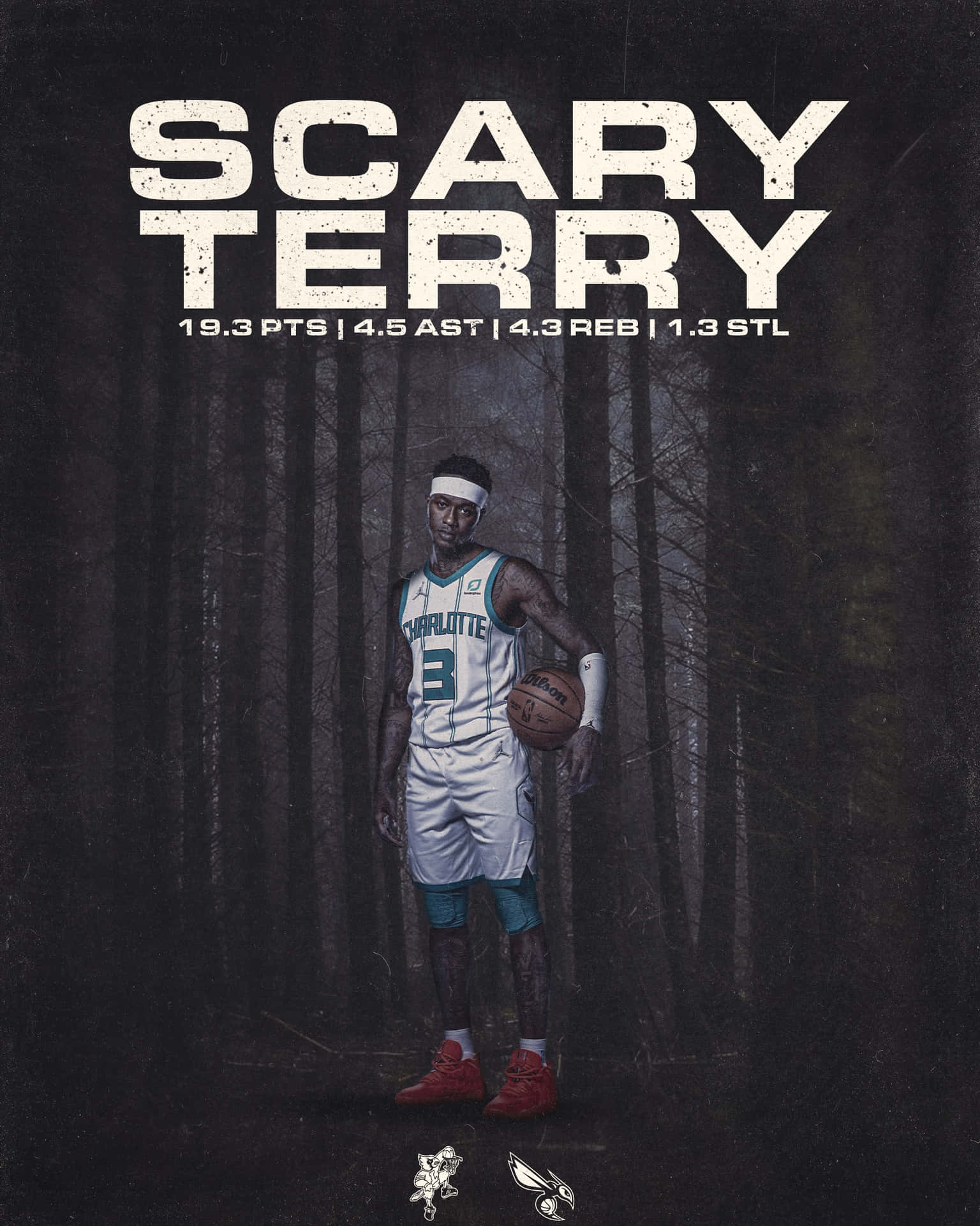 身穿夏洛特球衣的籃球運動員 Scary Terry 在黑暗森林中手持籃球，附有統計文字。 — NBA 壁紙