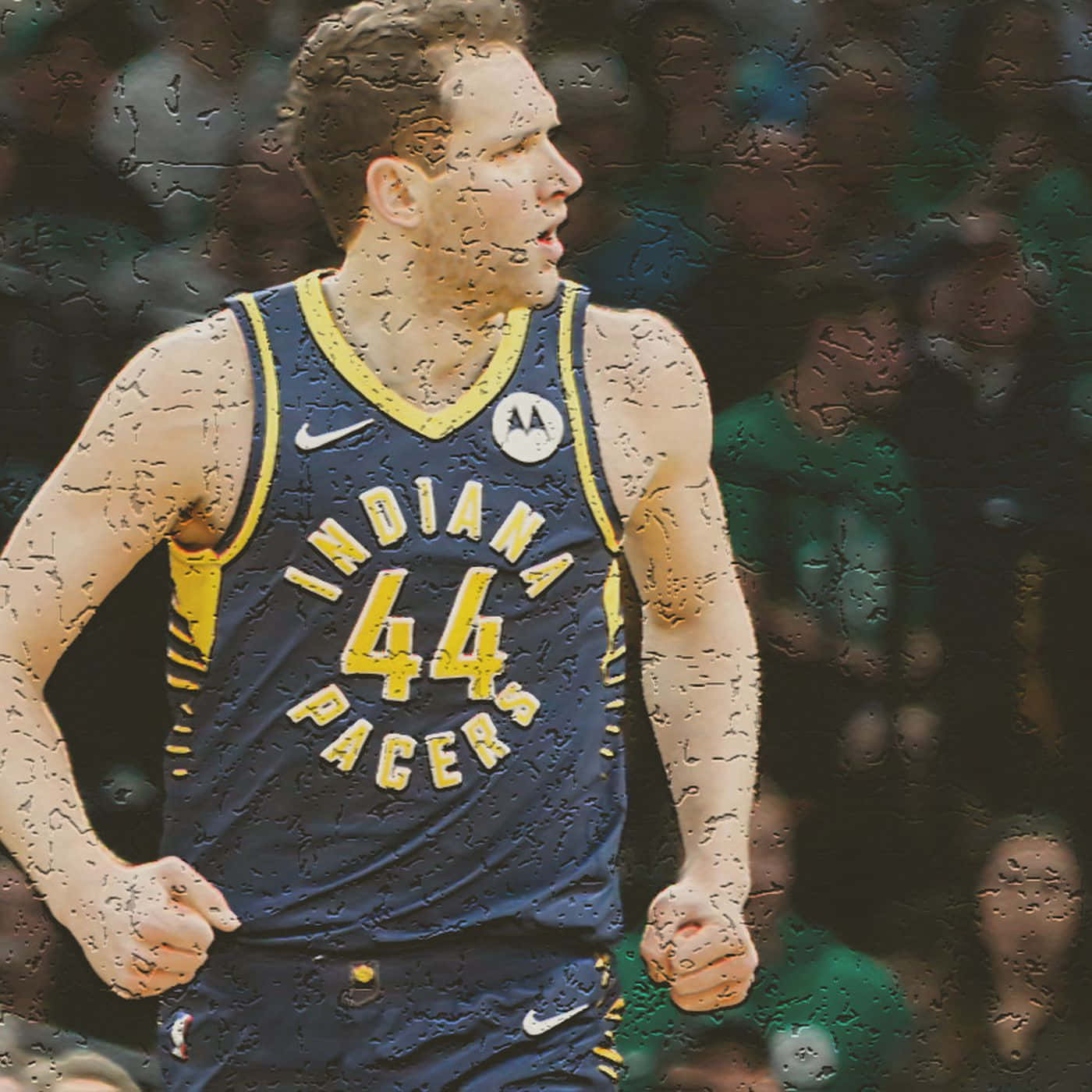 身穿溜馬隊球衣的籃球運動員在比賽中雨中奔跑。 — NBA 壁紙