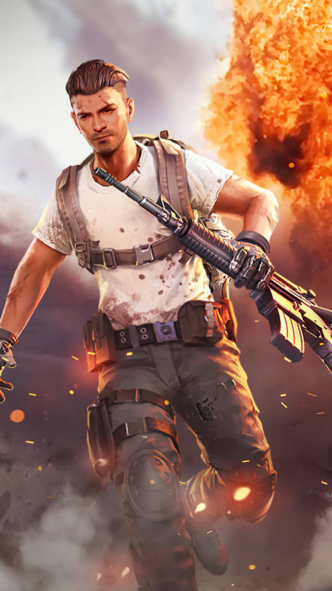 士兵持步槍穿過爆炸和煙霧奔跑 — Free Fire 壁紙