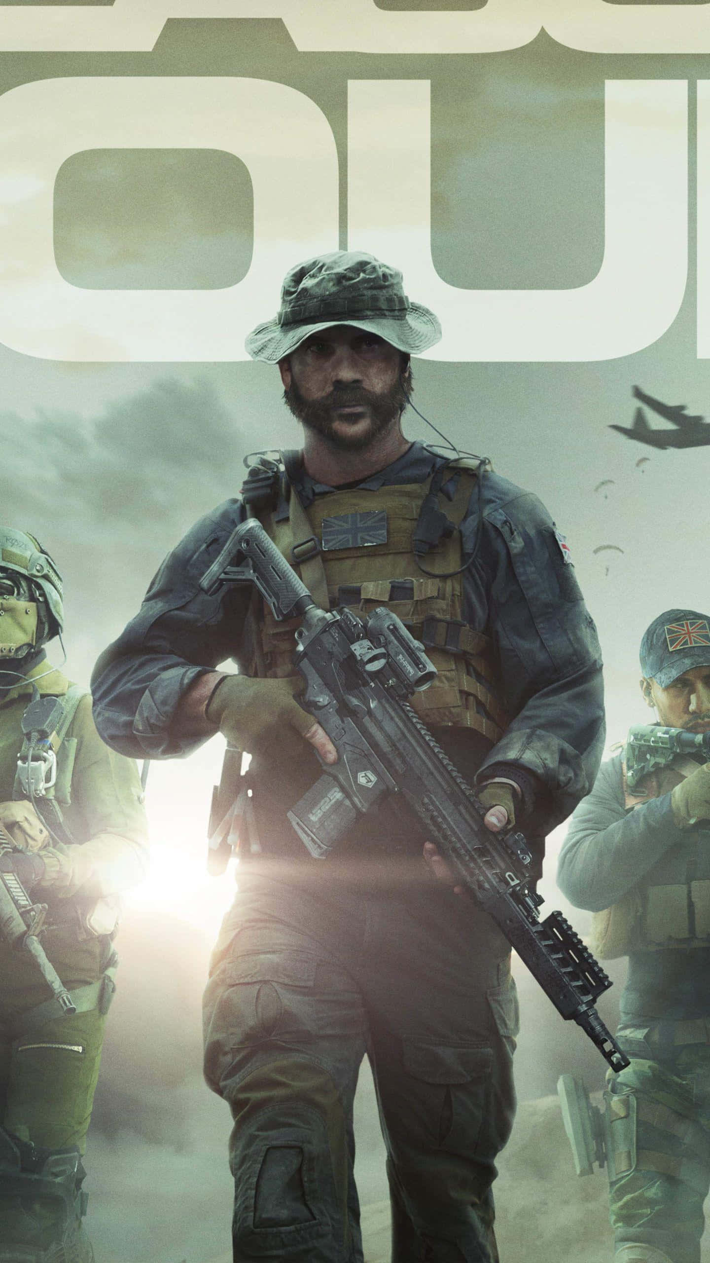 Modern Warfare 2 桌布 壁紙 — 一名身穿戰術裝備的士兵在朦朧的戰場背景下手持步槍，遠處有戰友和飛機。