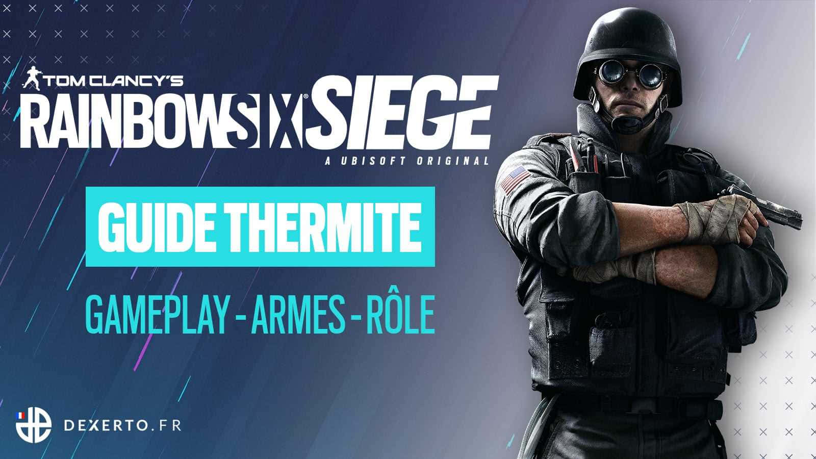 Rainbow Six Siege Thermite 桌布 壁紙 — 一名身穿戰術裝備的士兵自信地交叉雙臂，站在帶有遊戲文字的深藍色數位背景前。
