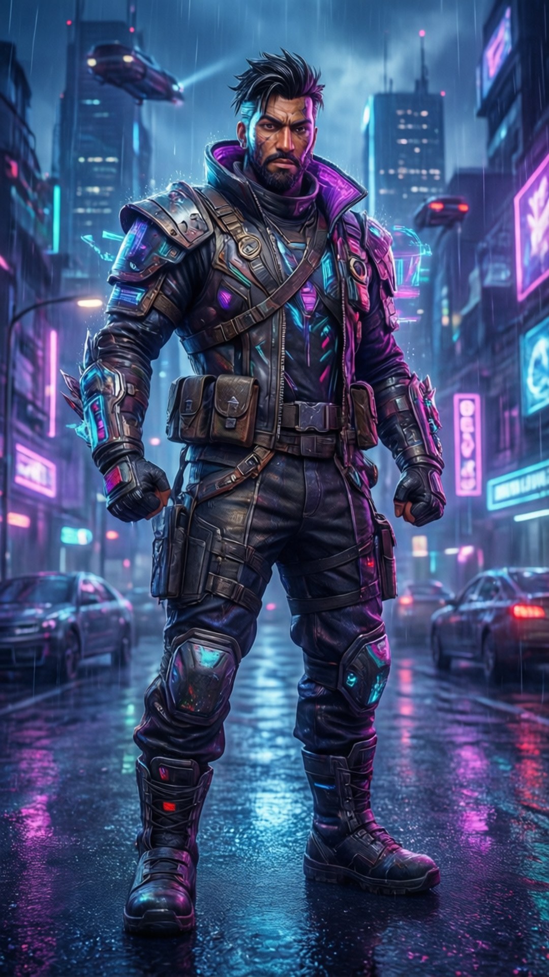 Neon City Raider 壁紙 — 一名身穿裝甲的賽博龐克戰士，在霓虹燈閃爍、雨水浸濕的未來城市街道上挑釁地站立。