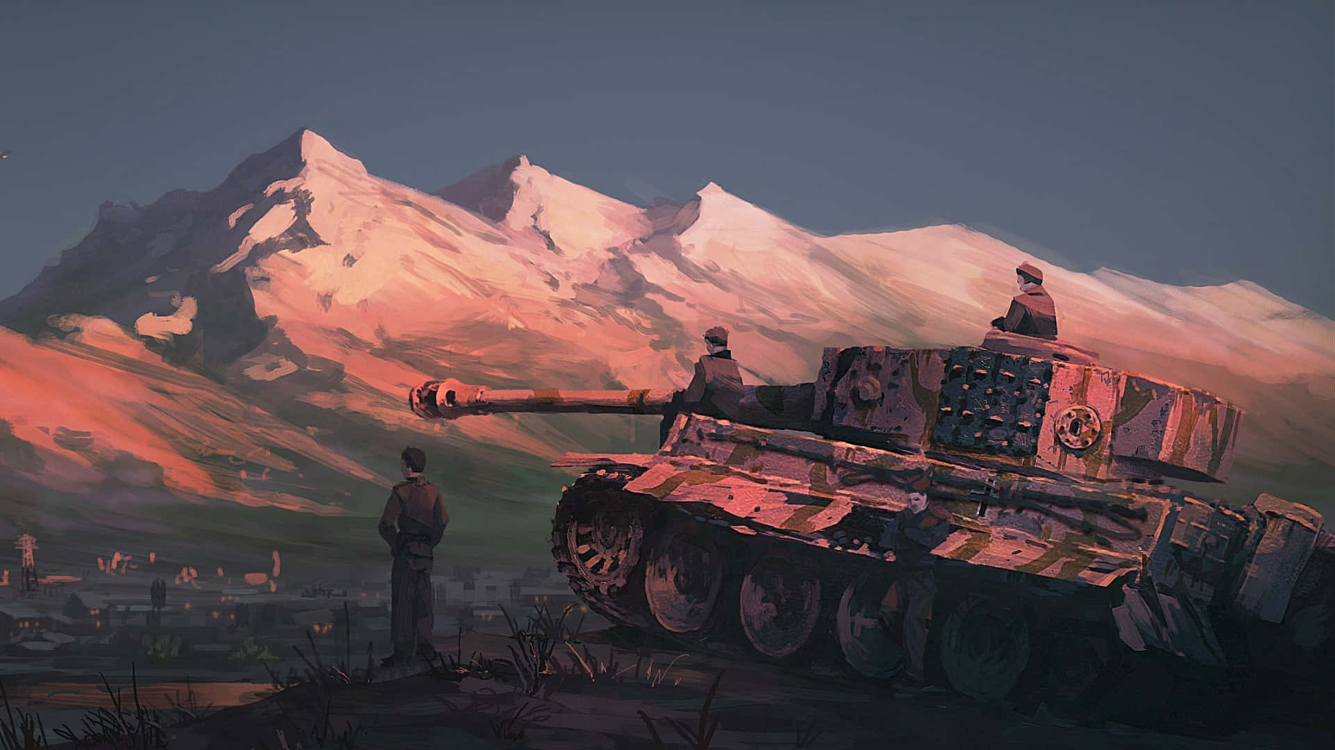  壁紙 — 一名士兵站在風化的坦克前，背後積雪的山峰在夕陽餘暉中閃耀。