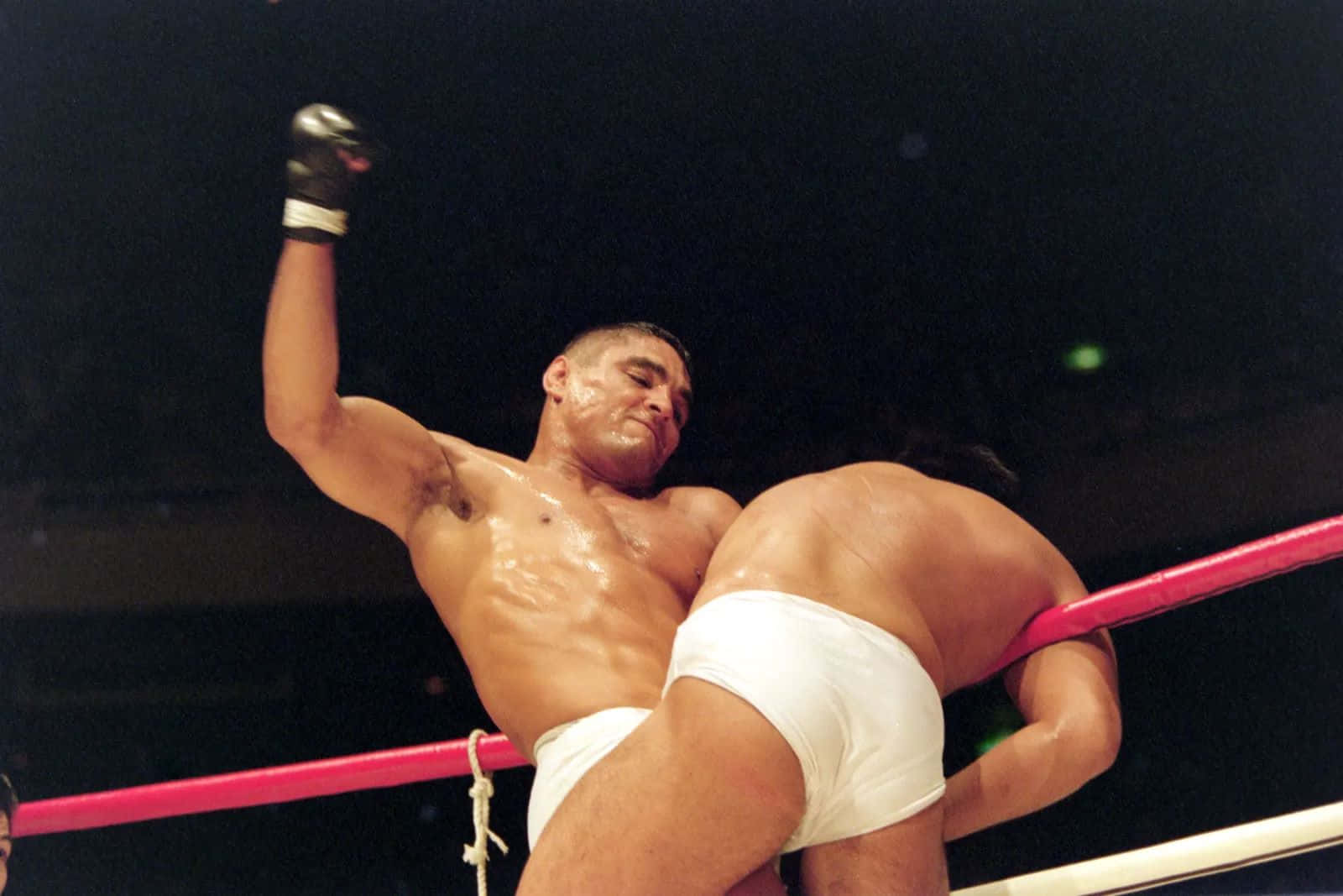 Rickson Gracie 桌布 壁紙 — 一名摔角手在燈光明亮的擂台上壓制對手，同時勝利地舉起戴著手套的拳頭。