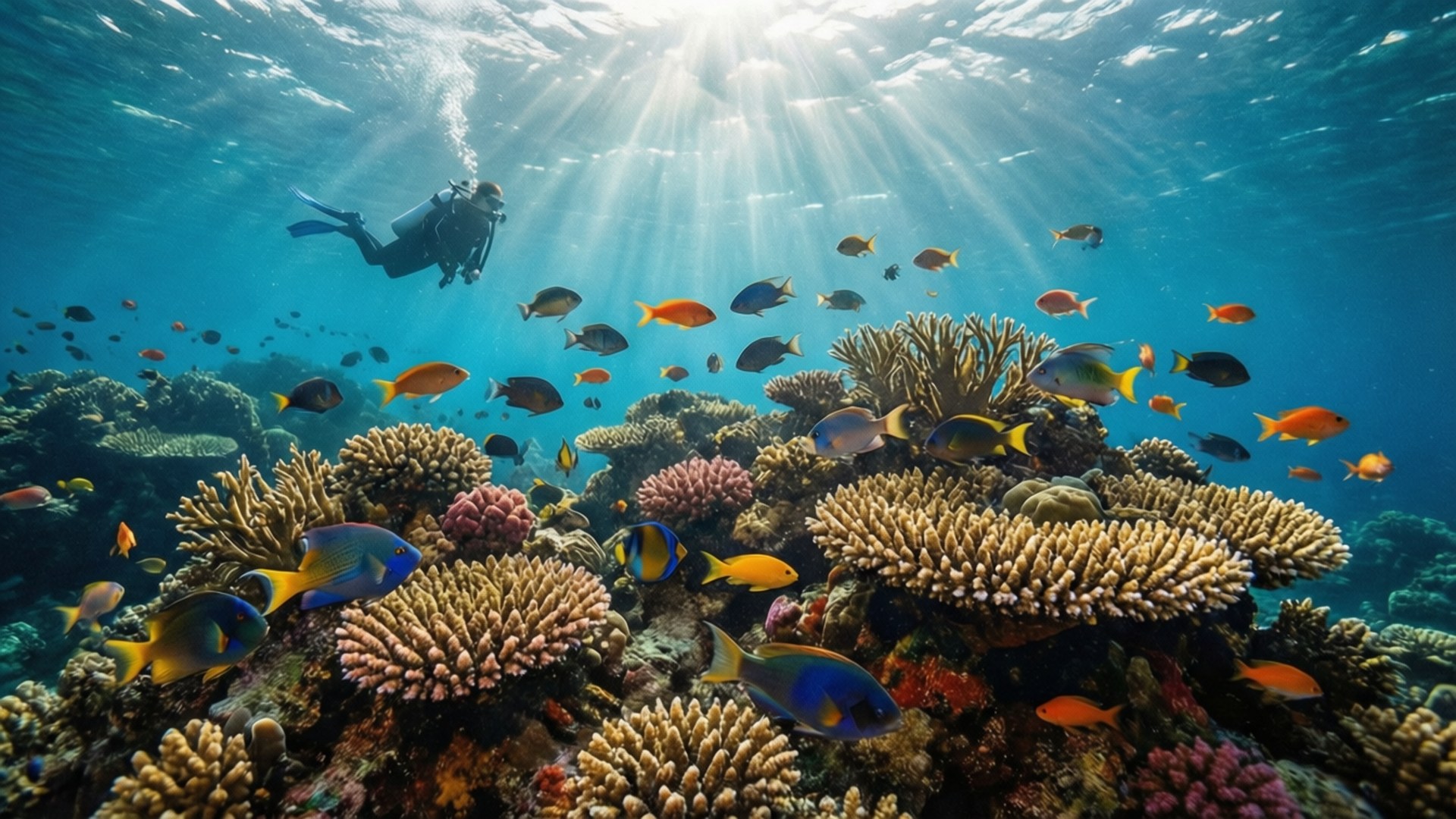 Jamaica Reef Dive 壁紙 — 一名水肺潛水員在陽光普照的海浪下，滑過充滿色彩繽紛熱帶魚的 vibrant 珊瑚礁。