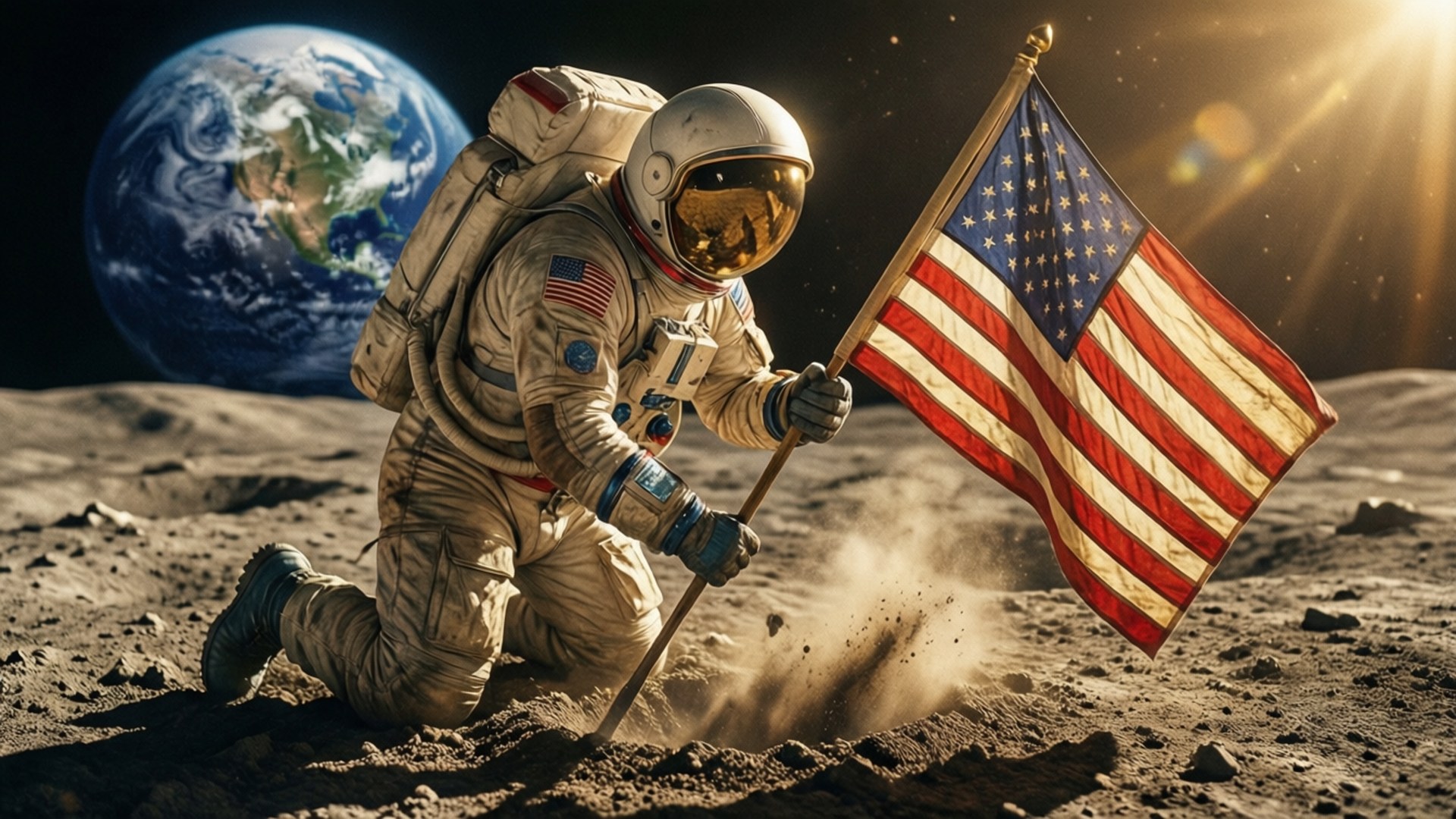 Flag on the Moon 壁紙 — 一名太空人跪在月球塵土飛揚的表面，插上一面美國國旗，背景可見地球。