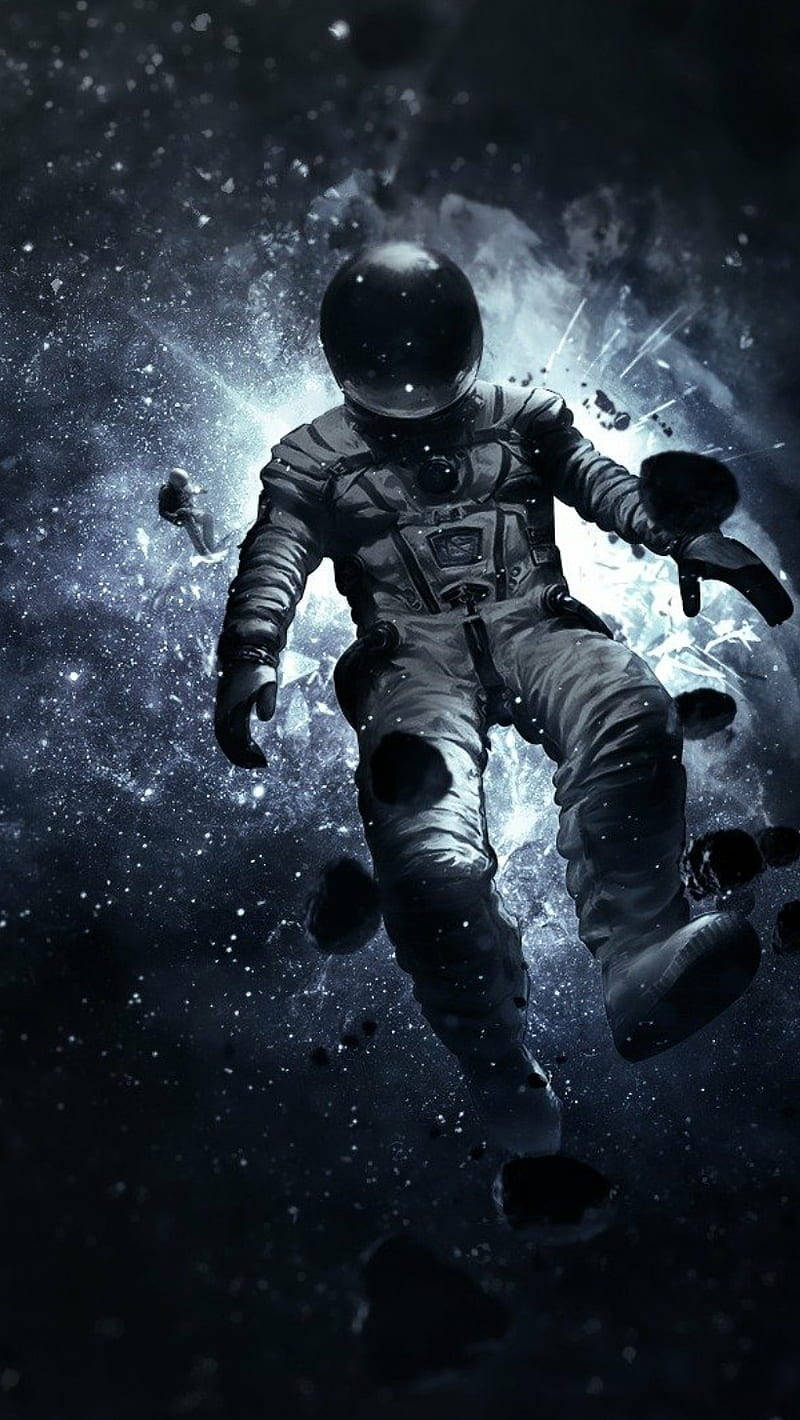 孤獨的太空人在星星和漂浮碎片中漂流，身後有爆炸。 — 暗黑風格 壁紙