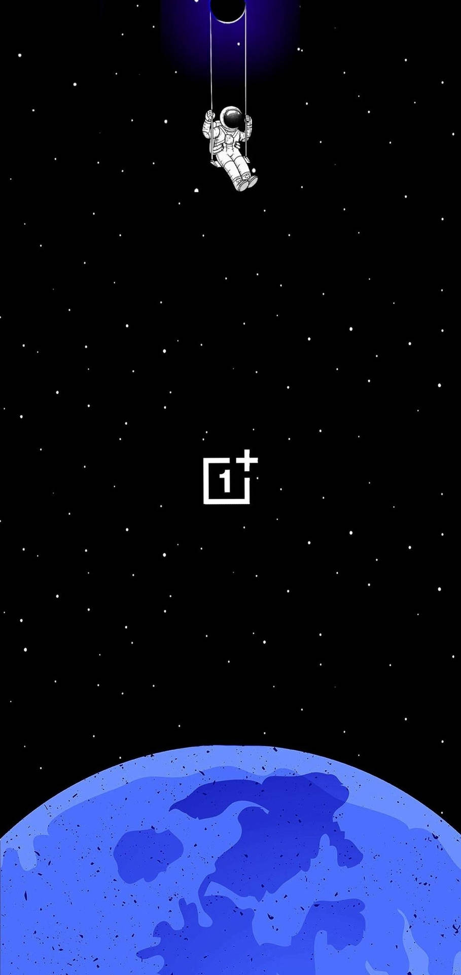 太空人用繩索懸掛在藍色星球上方，星空空間，下方有標誌。 — 一加 壁紙
