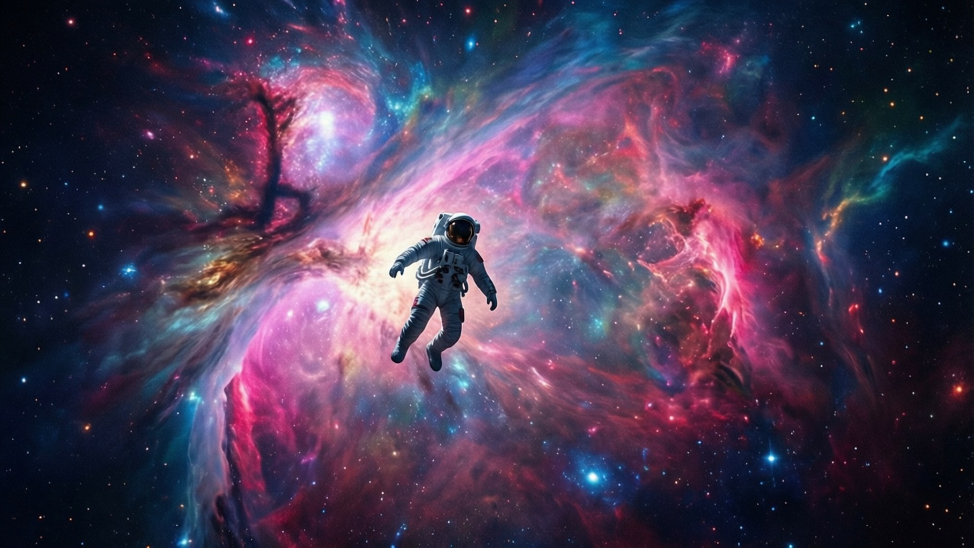 太空人在充滿星星和發光氣體的彩色宇宙星雲中漂流 — 1440P 壁紙