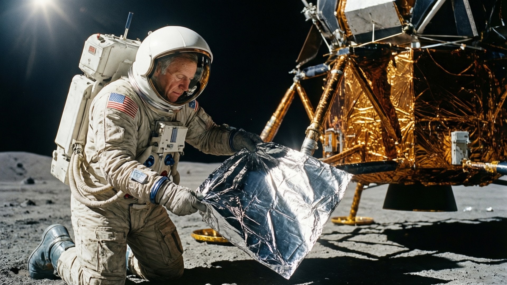 Buzz Aldrin 桌布 壁紙 — 一名太空人在月球灰色表面跪在金色登月艙旁，在明亮陽光下處理一個反光箔樣本袋。