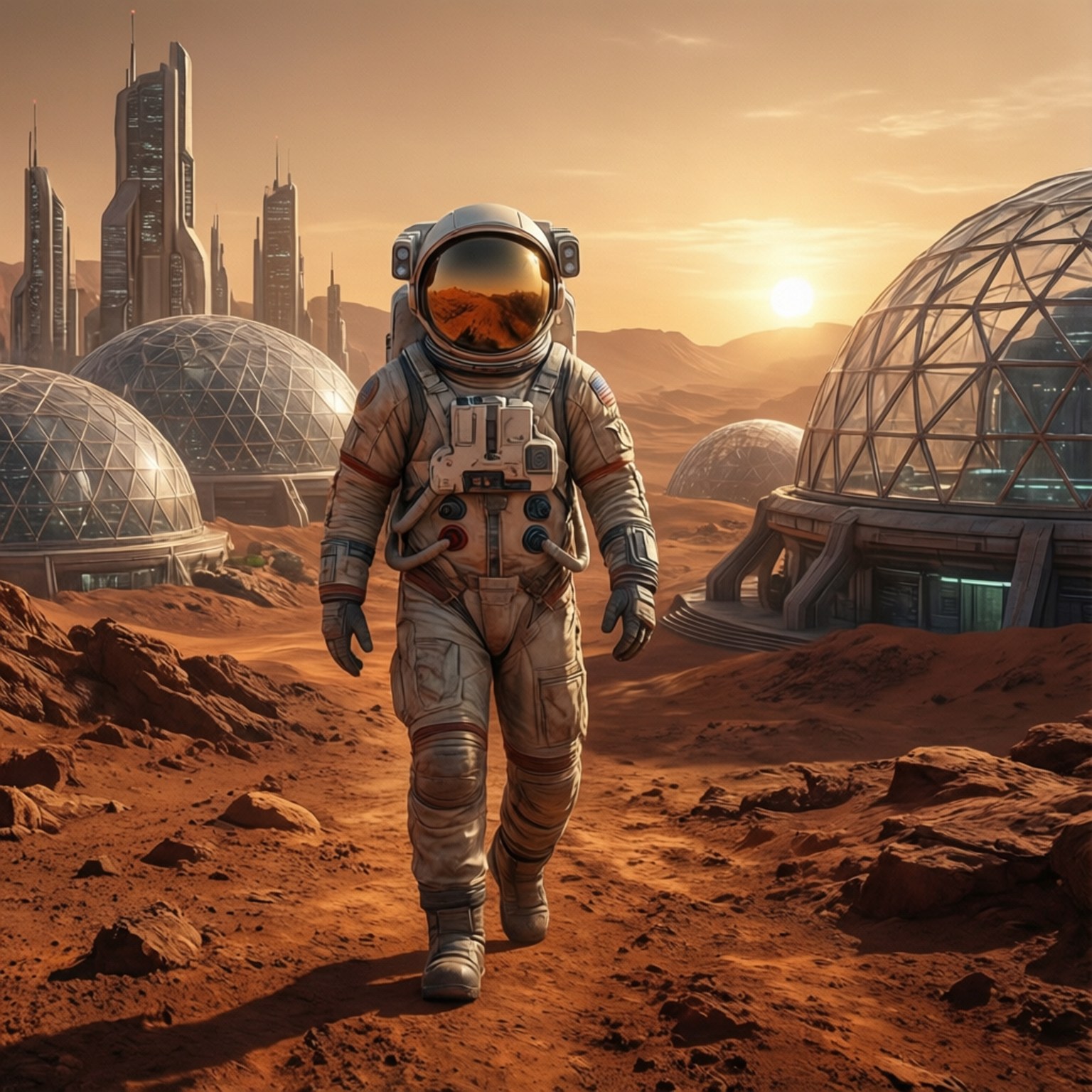 Mars City Astronaut 壁紙 — 一名太空人走過一個微紅色的外星行星，朝著未來風格的圓頂棲息地和聳立的摩天大樓，在發光的太陽下。