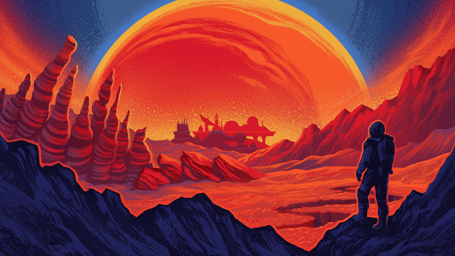  壁紙 — 一名太空人站在深紅色的外星行星上，凝視著一顆巨大的橙色太陽在鋸齒狀的紅色山脈和遙遠的未來建築背後落下。