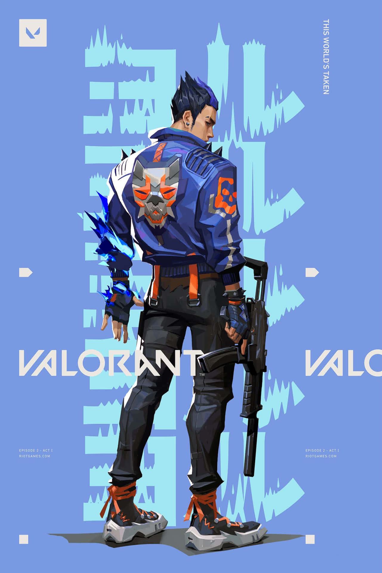 身穿藍色和橙色裝備、手持武器的 Valorant 角色。 — Valorant 壁紙