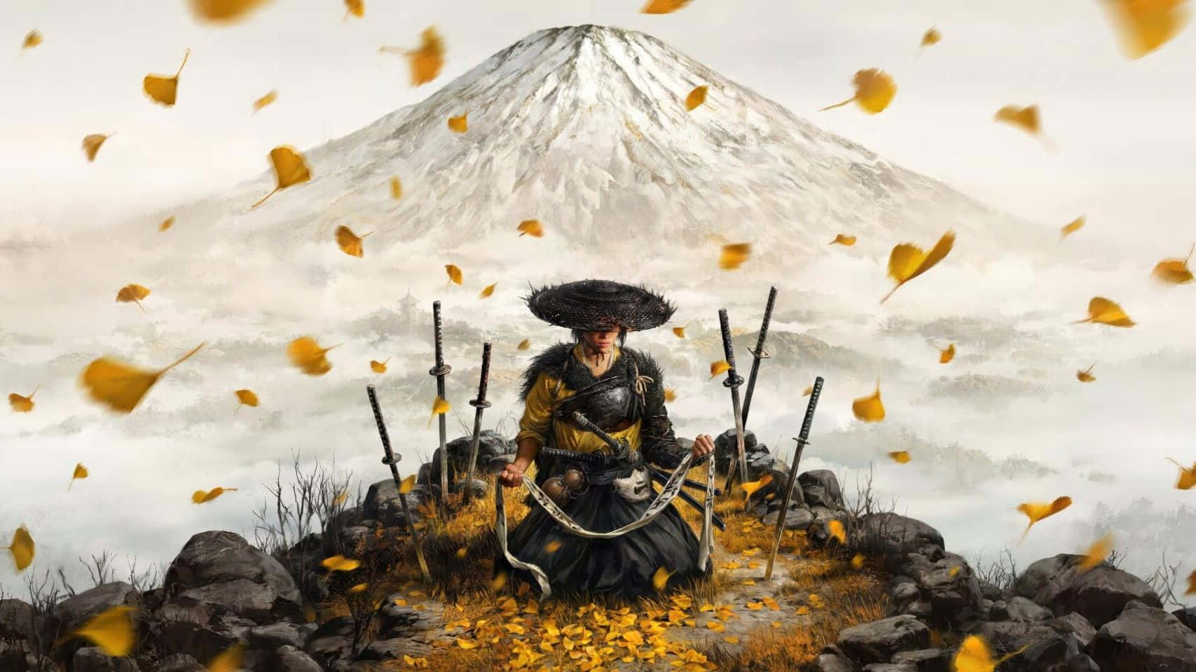  壁紙 — 一名武士戰士跪在岩石山峰上，背後是白雪覆蓋的富士山，周圍環繞著飄落的金色樹葉。