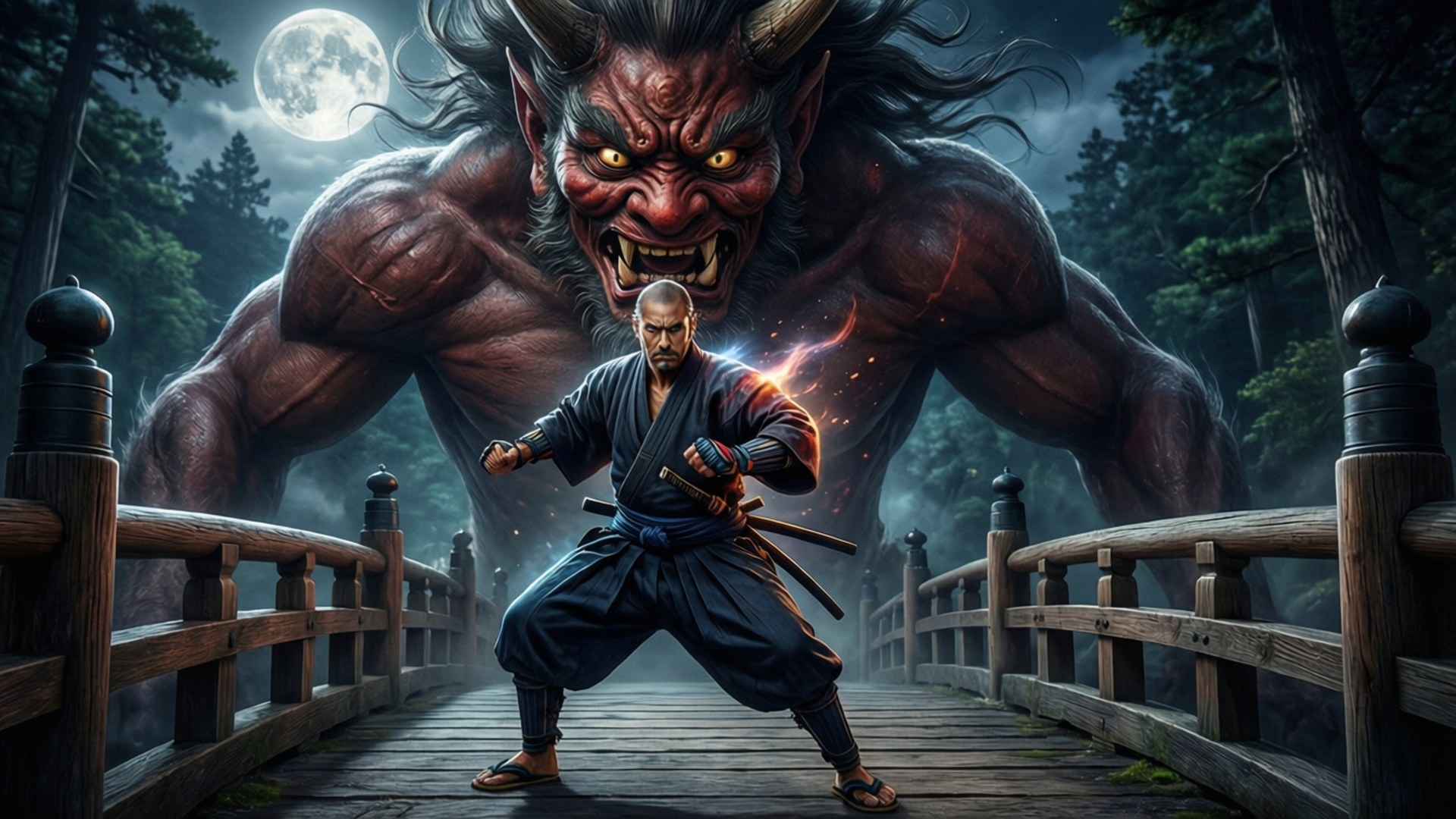 Ronin 桌布 壁紙 — 一名武士戰士挑釁地站在木橋上，身後一輪滿月下，一個巨大的惡魔鬼影隱現。