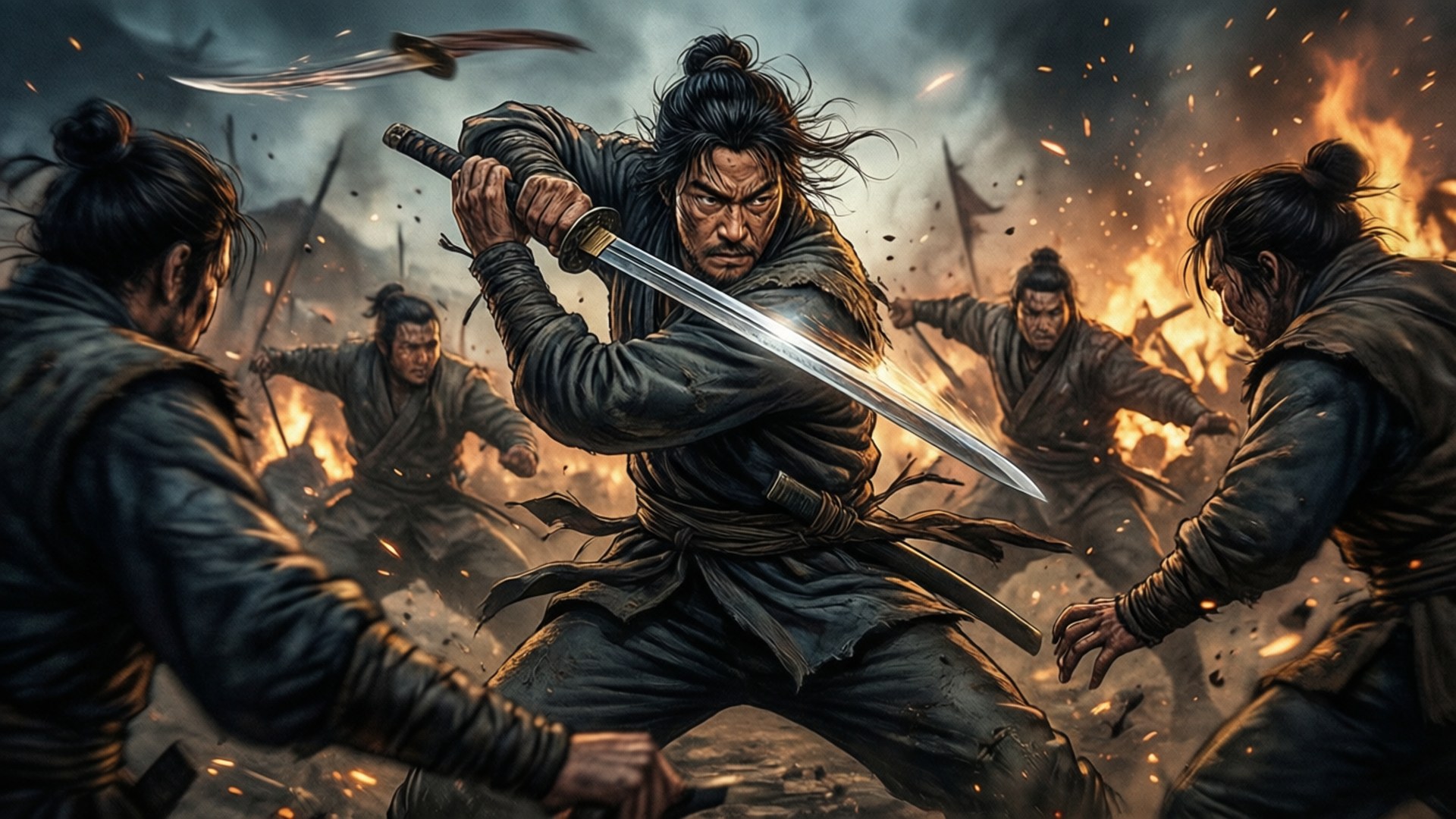 Legend Of The Northern Blade 桌布 壁紙 — 一名武士戰士在烈火戰場上斬殺敵人，火花四濺，煙霧繚繞。