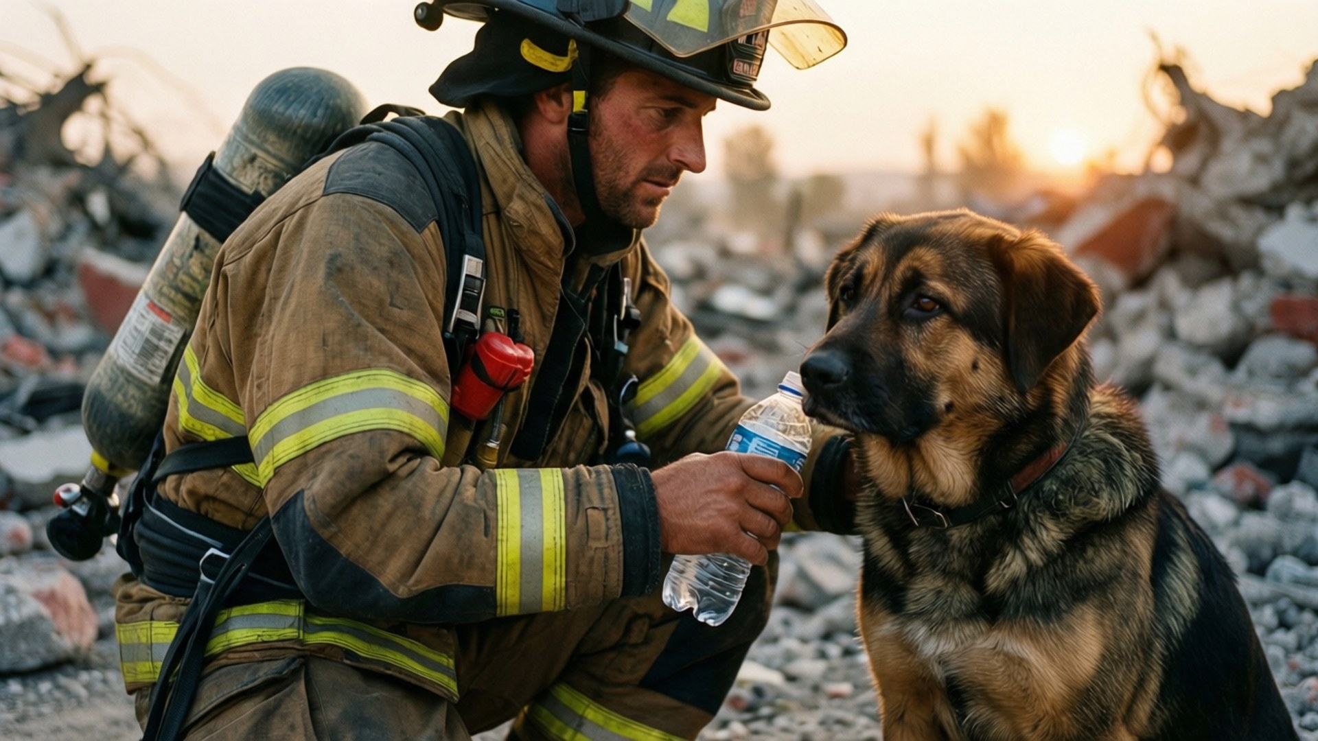 Altruism 桌布 壁紙 — 一名消防員在日落時跪在瓦礫中，向一隻德國牧羊犬提供水。