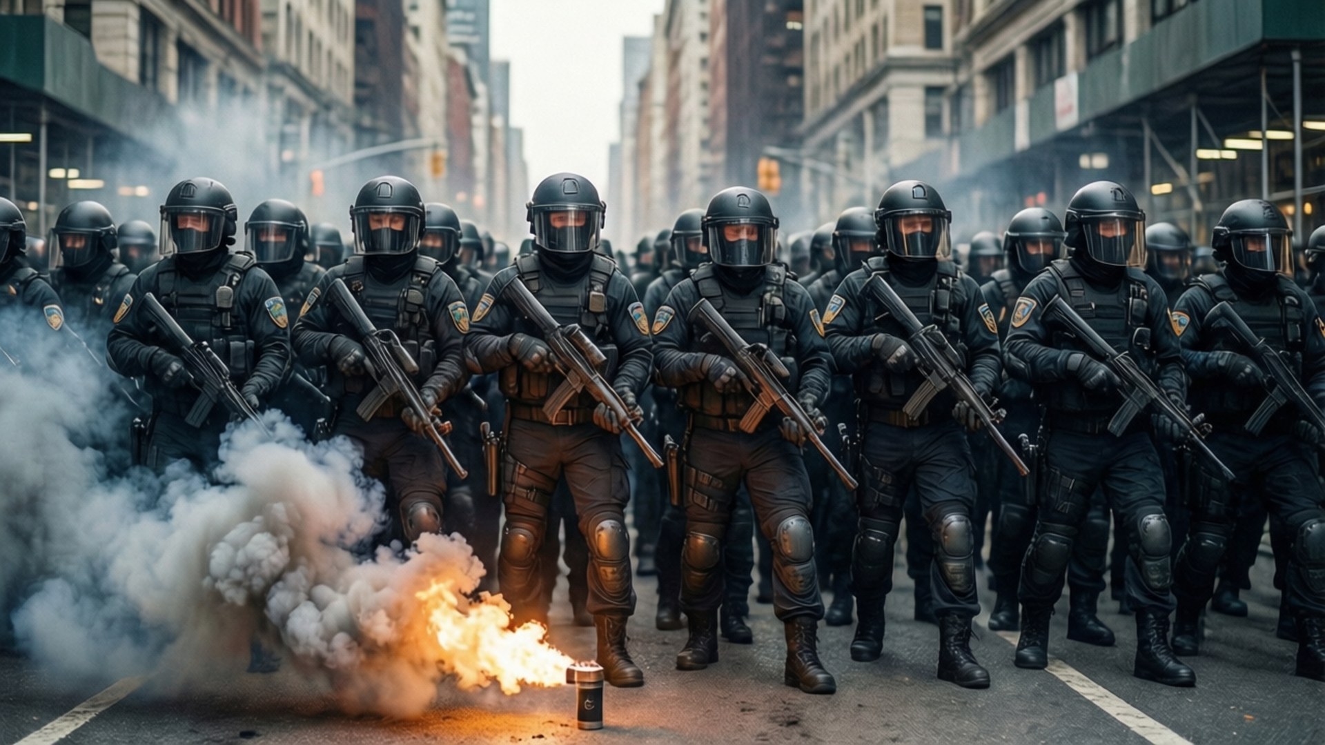 Shield Wall 壁紙 — 一排全副武裝的防暴警察在城市的街道上準備就緒，附近有信號彈爆炸，煙霧瀰漫。