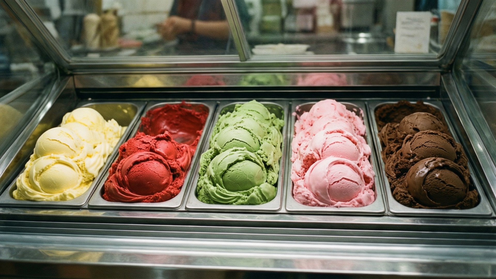 Ice Cream Display 壁紙 — 一排排色彩鮮豔的義式冰淇淋球（黃色、紅色、綠色、粉紅色和棕色）整齊地放在玻璃陳列櫃下的金屬托盤中。