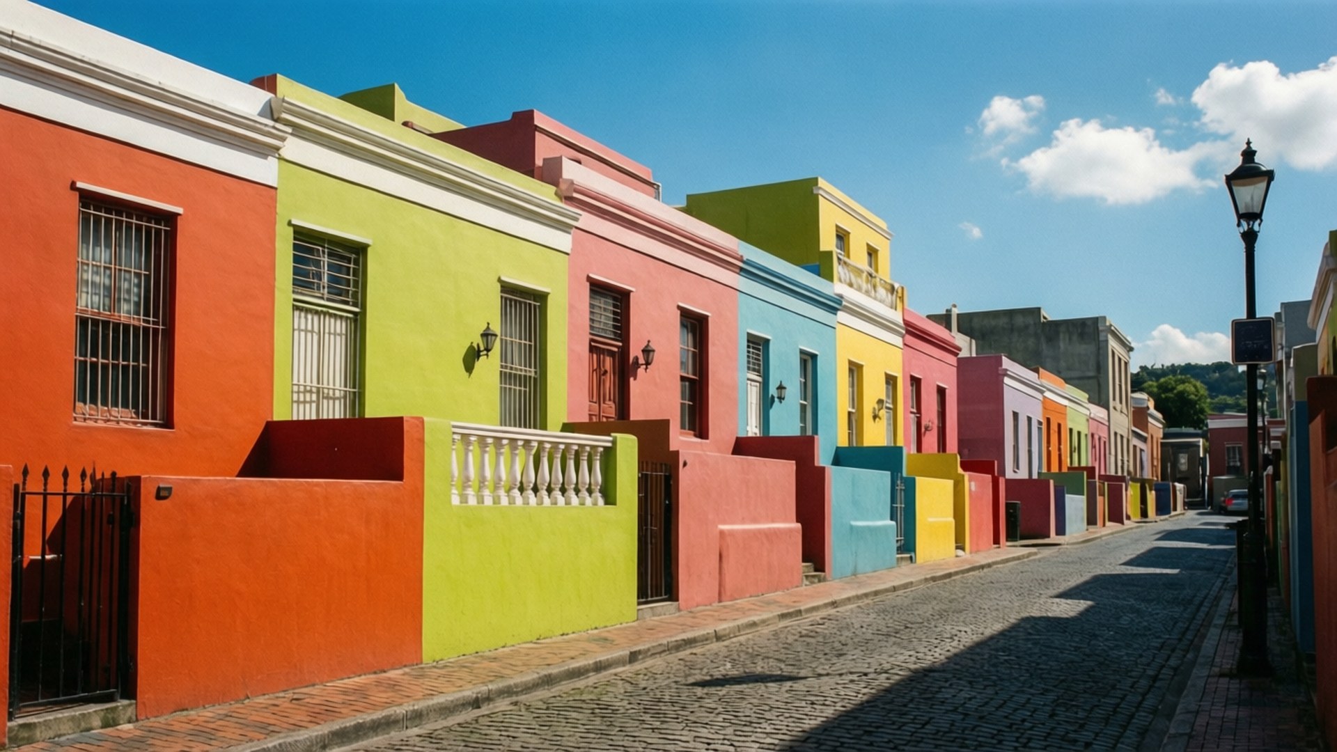 Bo-Kaap Colorful Facades 壁紙 — 一排色彩繽紛的房屋排列在鵝卵石街道上，在明亮的藍天和白雲下。