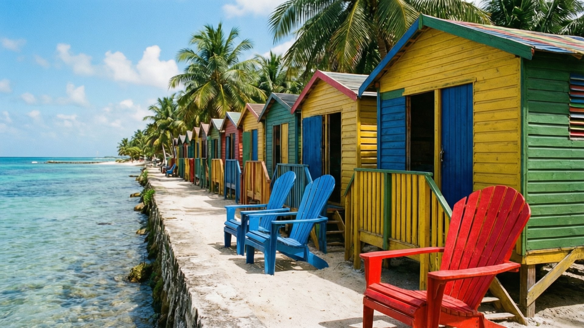 Jamaican Beach Huts and Chairs 壁紙 — 一排色彩繽紛的木製沙灘小屋配以相配的椅子，在明亮的藍天下沿著熱帶海岸排列。
