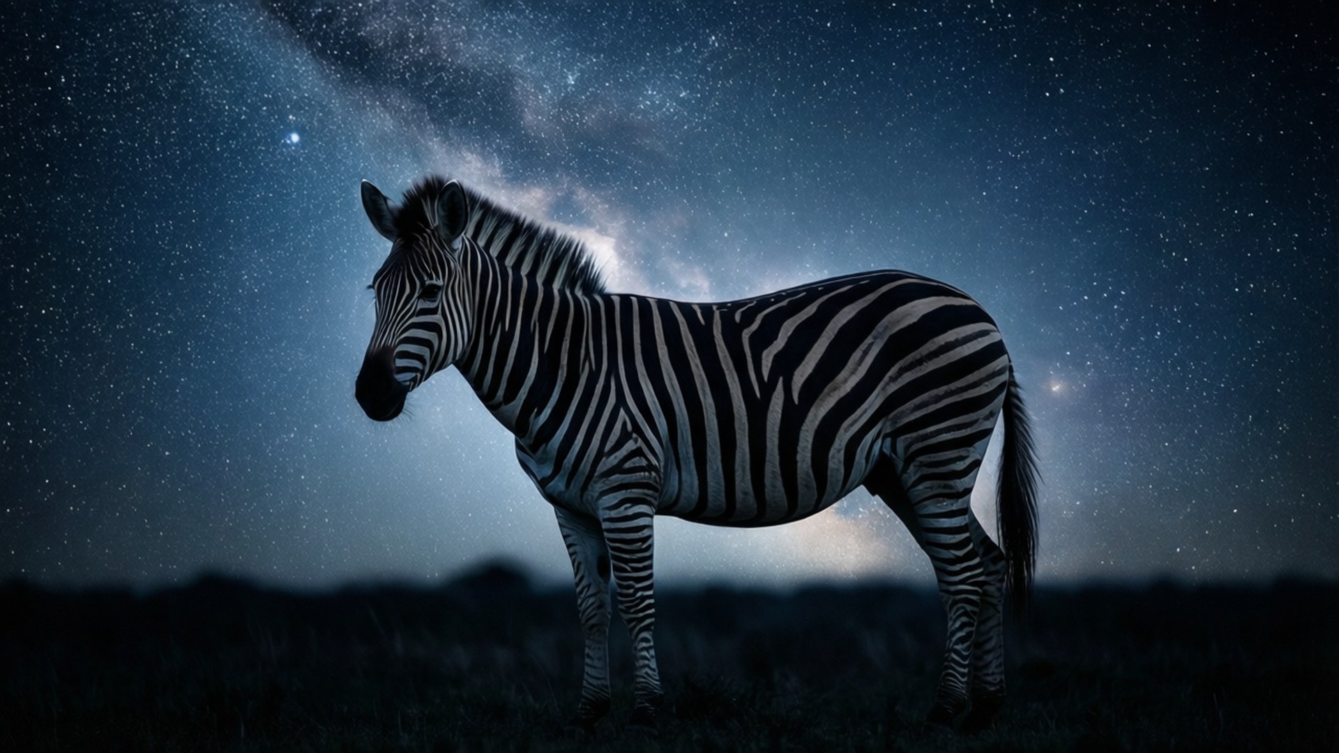 Night Sky Zebra 壁紙 — 一匹孤獨的斑馬在繁星點點的夜空下形成剪影，銀河在背後閃耀。