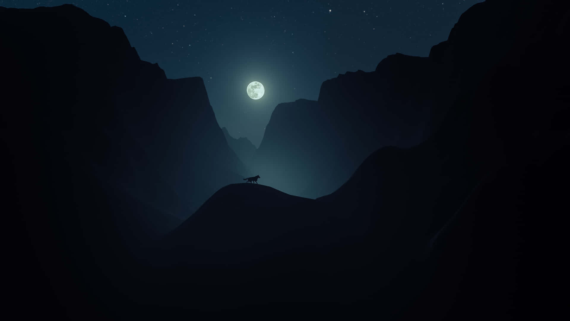  壁紙 — 一匹孤狼的剪影站在山脊上，在黑暗懸崖環繞的星空夜空下，一輪明亮的滿月照耀著。