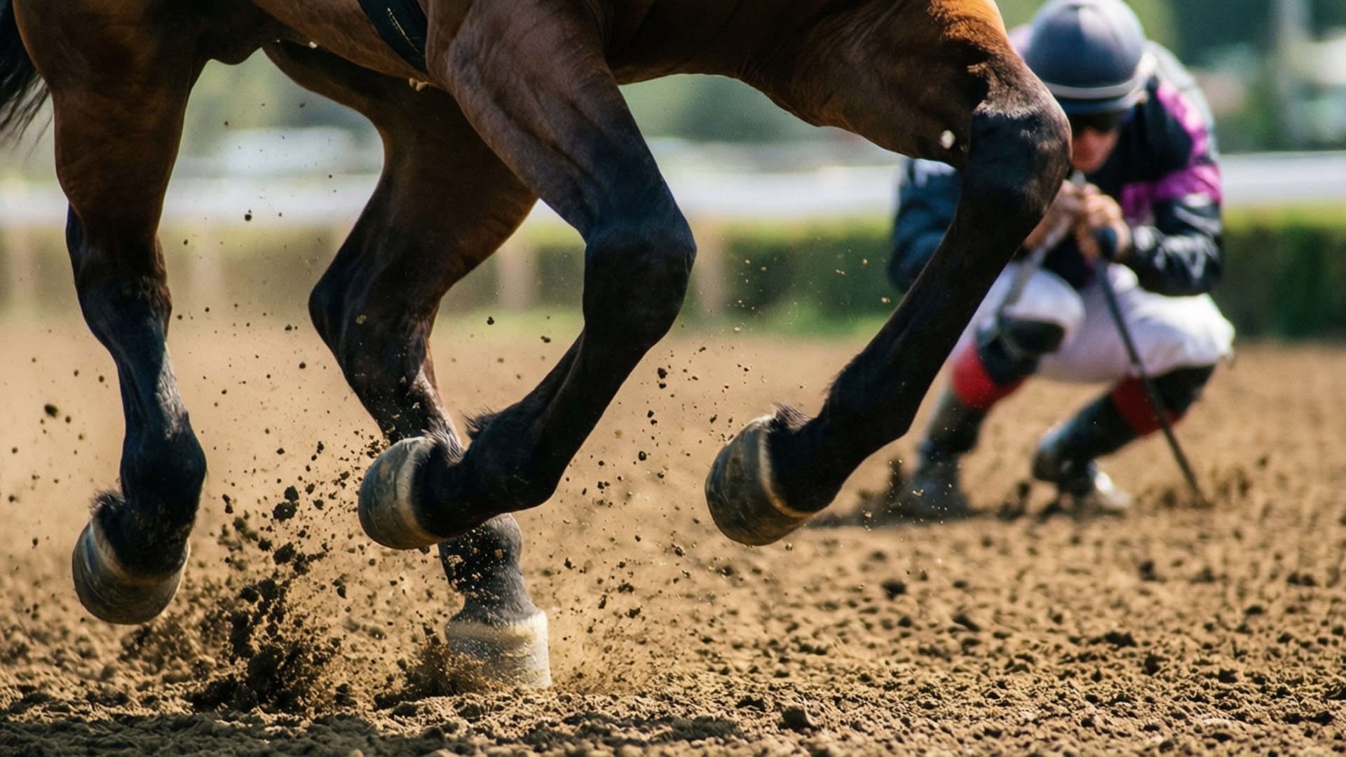 Hooves in Motion 壁紙 — 一匹強壯的棕色賽馬的腿踢起泥土，騎師穿著紫色和黑色的裝備蹲在後面衝刺。