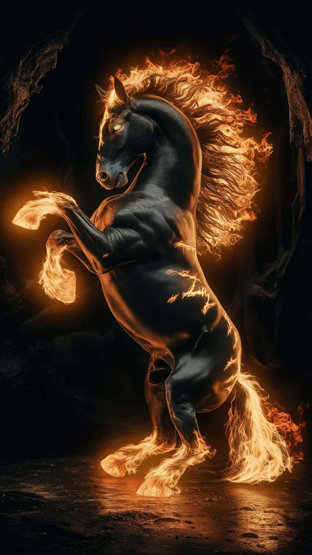  壁紙 — 一匹雄偉的黑馬在黑暗的洞穴中揚起，熾熱的橙色火焰吞噬著牠的鬃毛、尾巴和蹄子，在濕石上投射出閃爍的倒影。