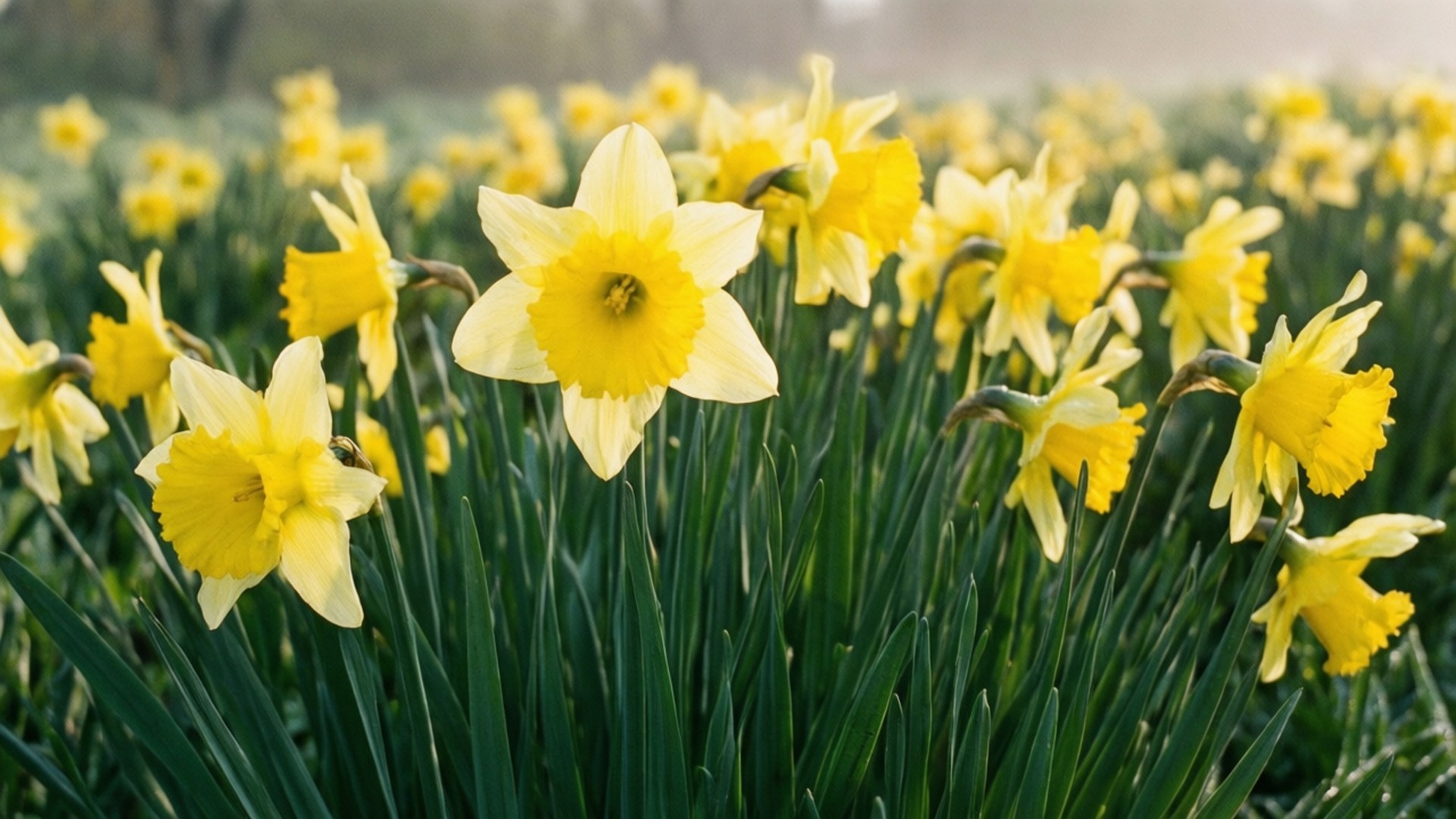 Daffodil Meadow 壁紙 — 一片充滿活力的黃色水仙花，綠色莖稈在柔和晨光下盛開。