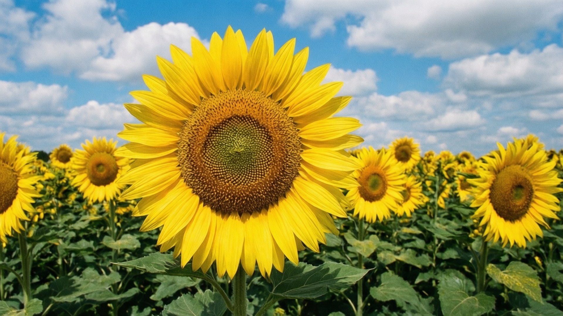 Sunflower Sky Dream 壁紙 — 一片充滿活力的向日葵田，在明亮的藍天下，有蓬鬆的白雲。