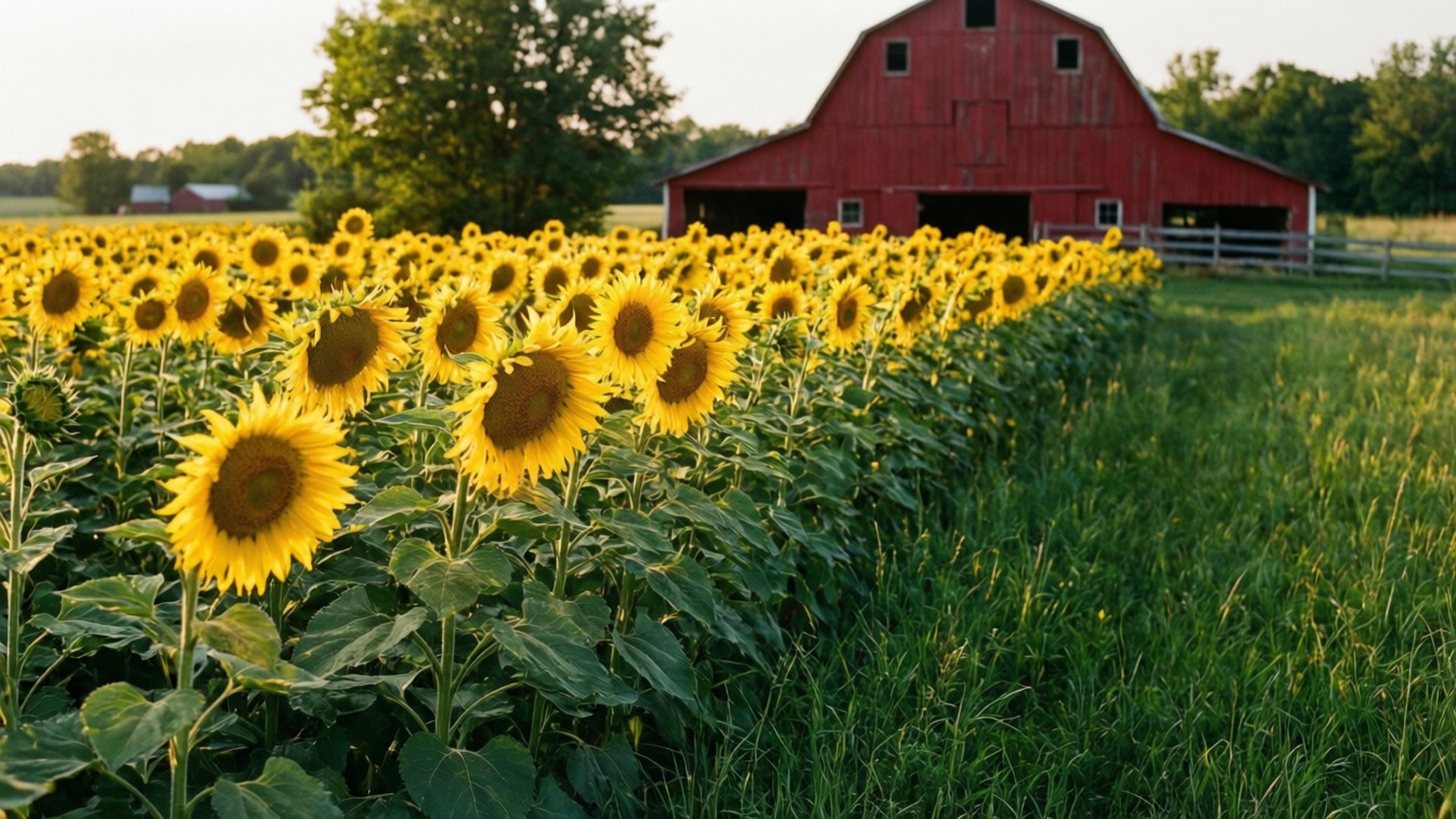 Red Barn Sunflowers 壁紙 — 一片充滿活力的向日葵田，在柔和的金色天空下延伸至經典的紅色穀倉。