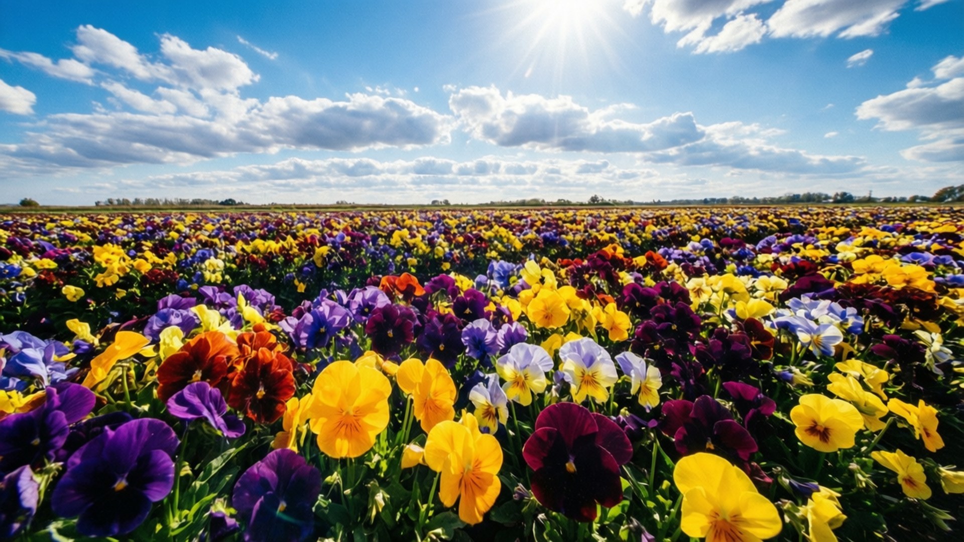 Sunlit Pansy Meadow 壁紙 — 一片充滿活力的紫、黃、橙色三色堇花田，在藍天白雲和陽光的照耀下延伸開去。